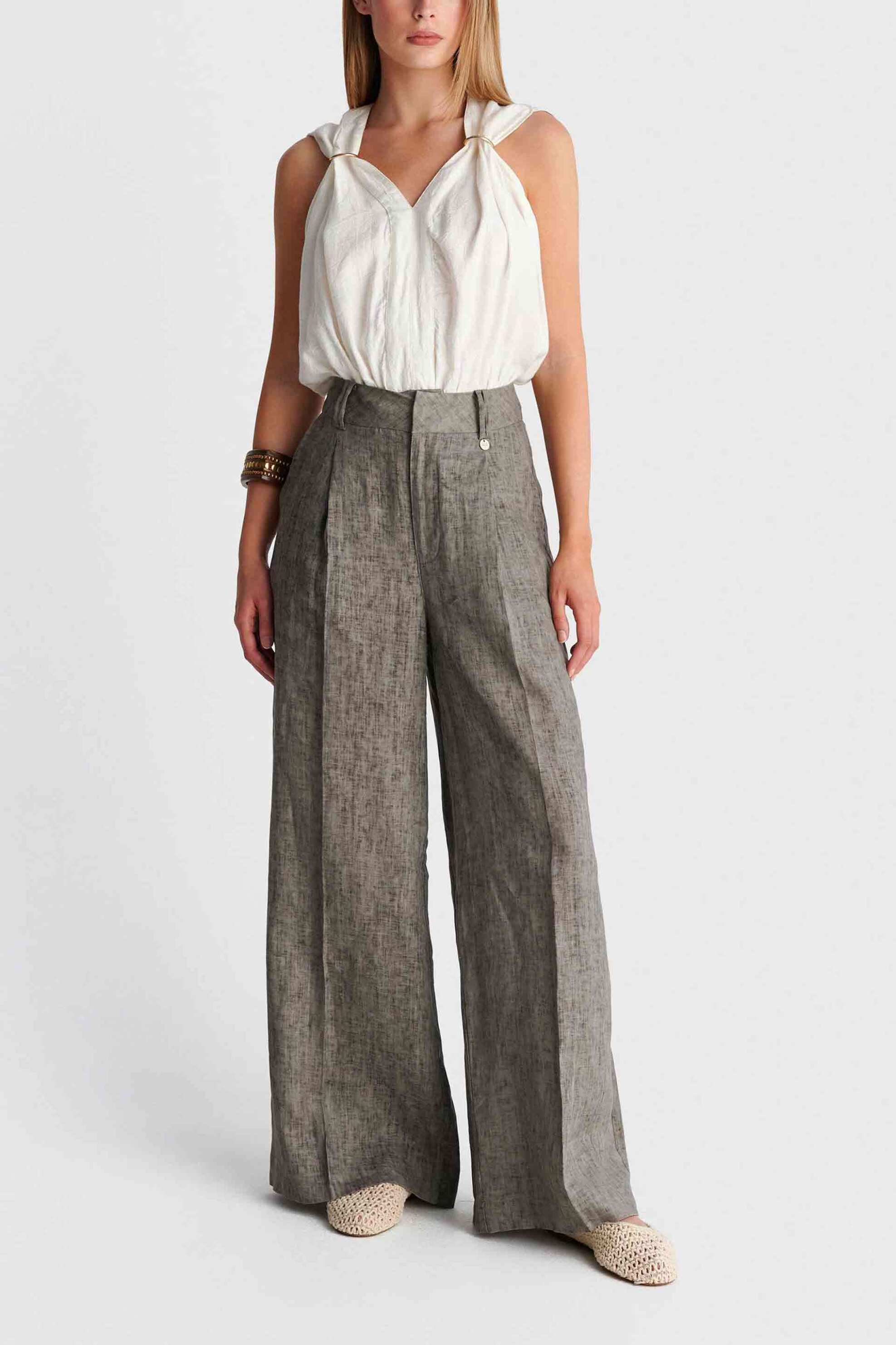 'ALE 'ALE γυναικείο λινό παντελόνι Wide Leg - 8923189 Ανθρακί