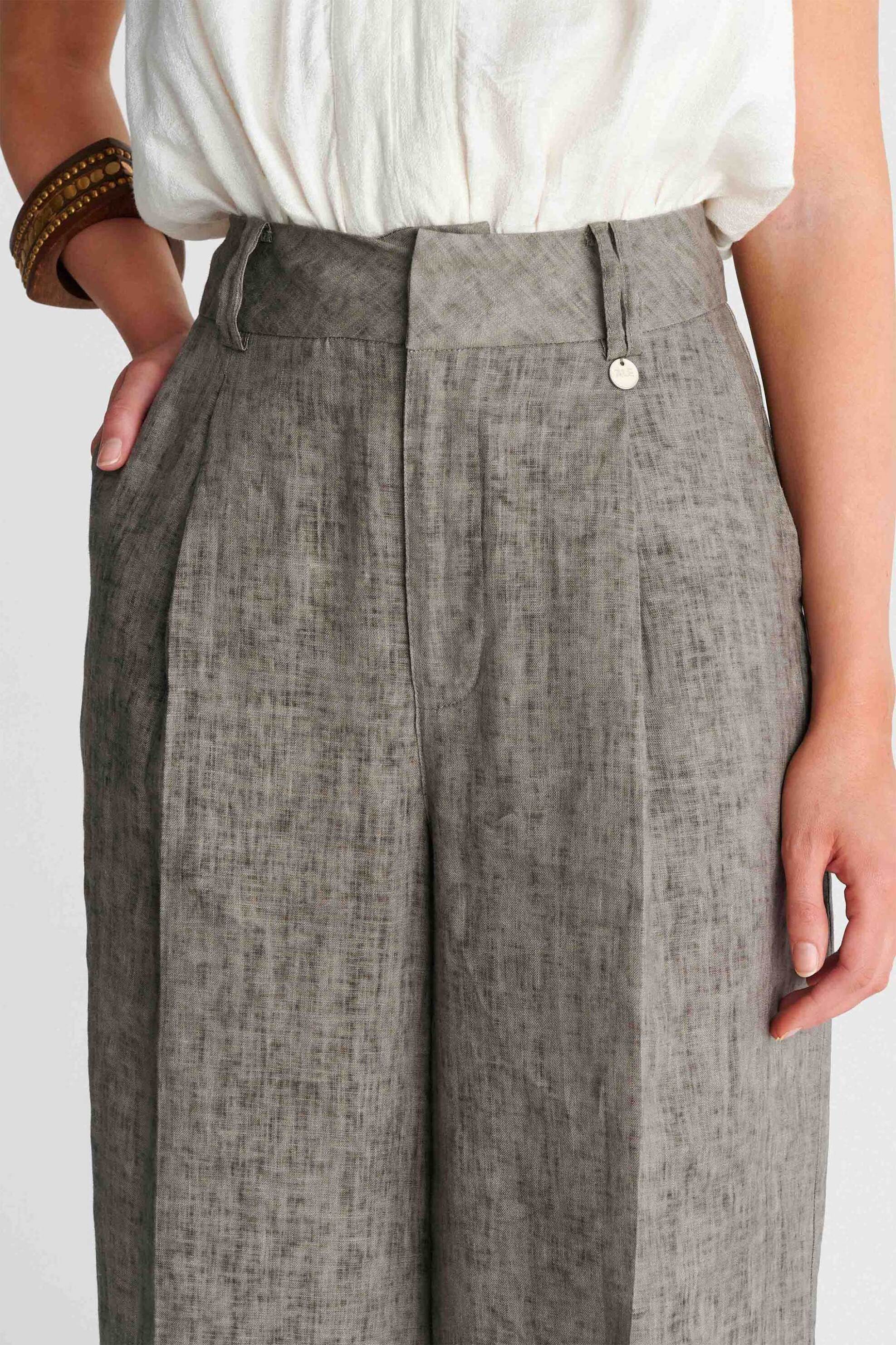 'ALE 'ALE γυναικείο λινό παντελόνι Wide Leg - 8923189 Ανθρακί - 2