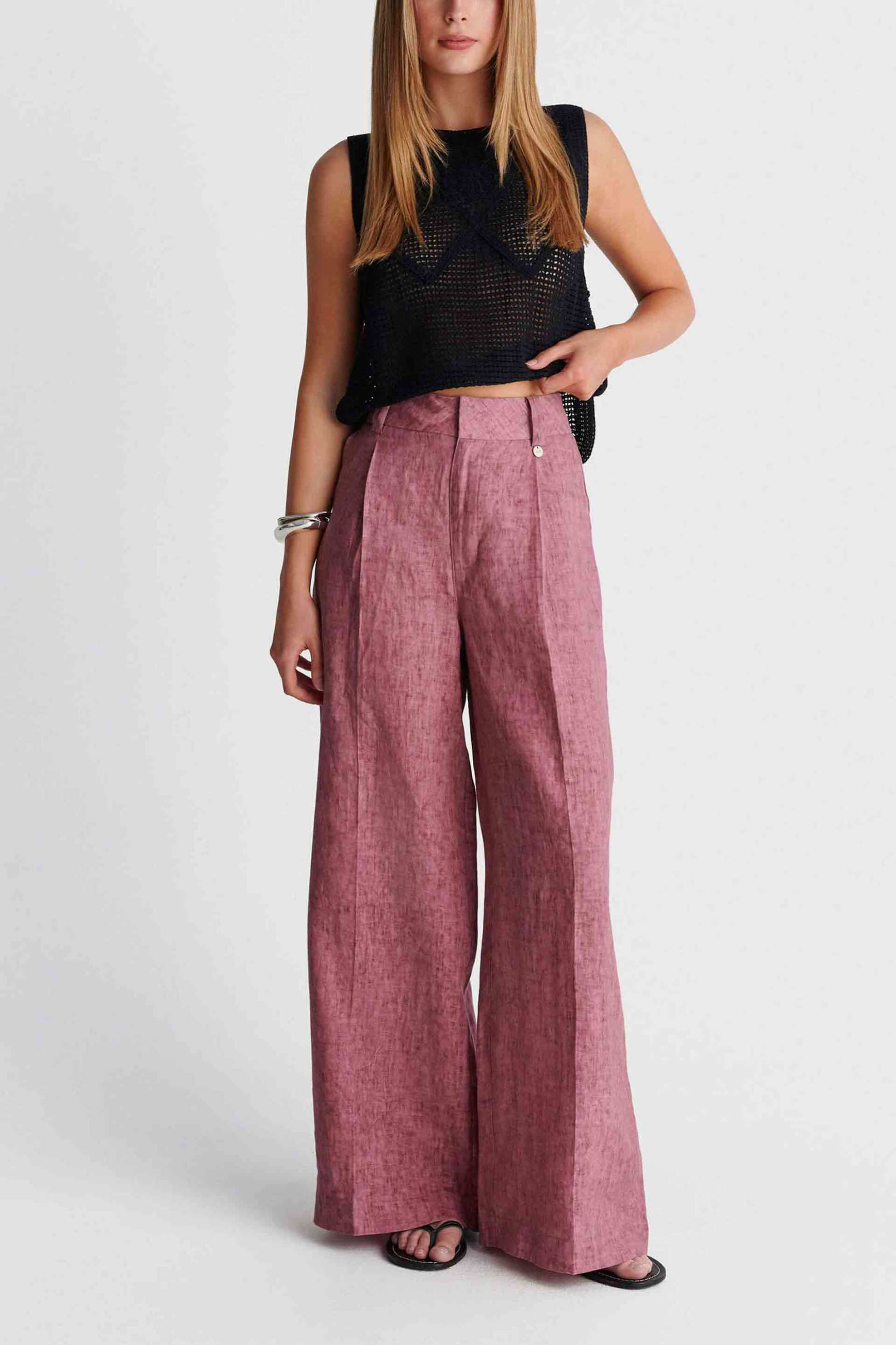 'ALE 'ALE γυναικείο λινό παντελόνι Wide Leg - 8923189 Κόκκινο