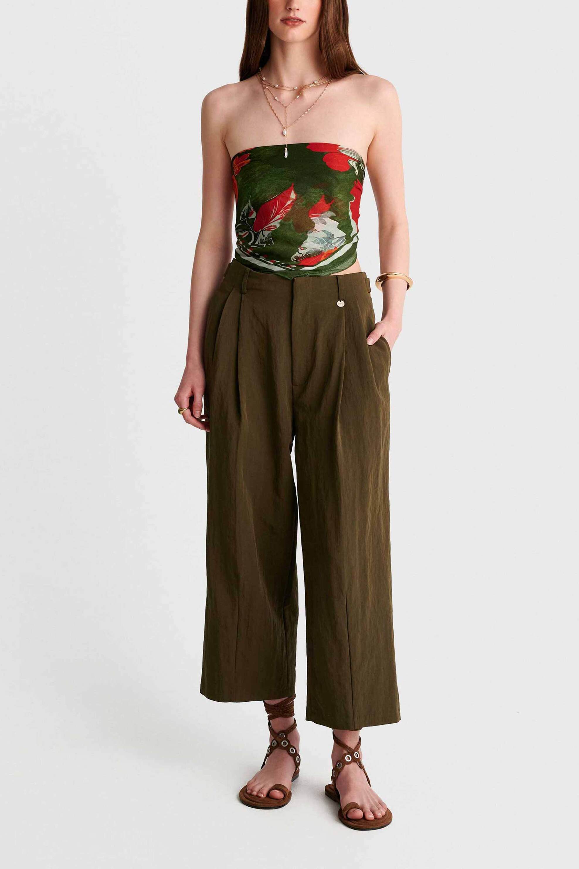 'ALE γυναικείο παντελόνι με πιέτες Wide Leg - 8923060 Χακί