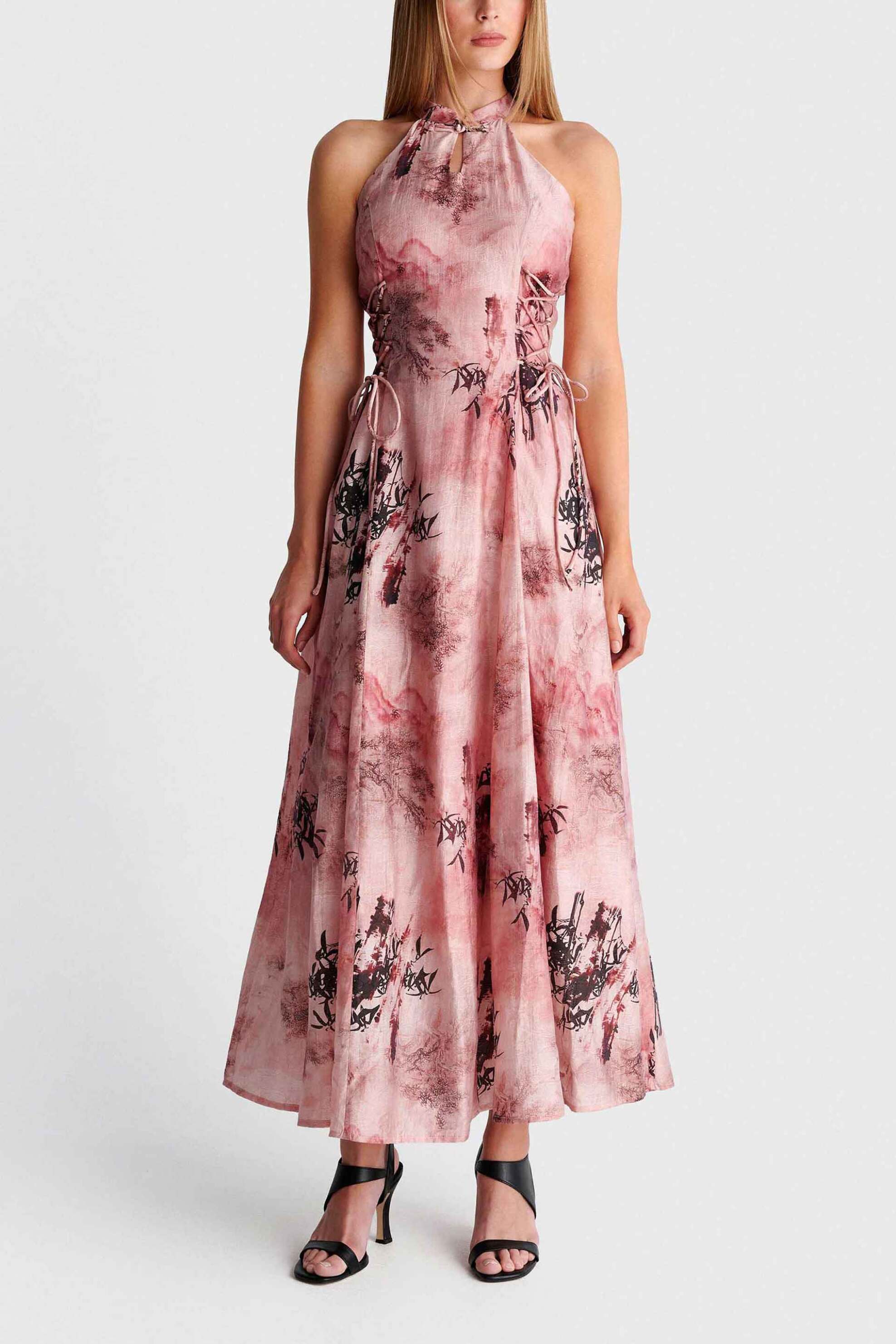 'ALE γυναικείο midi αμάνικο φόρεμα με floral print - 8923195 Ροζ