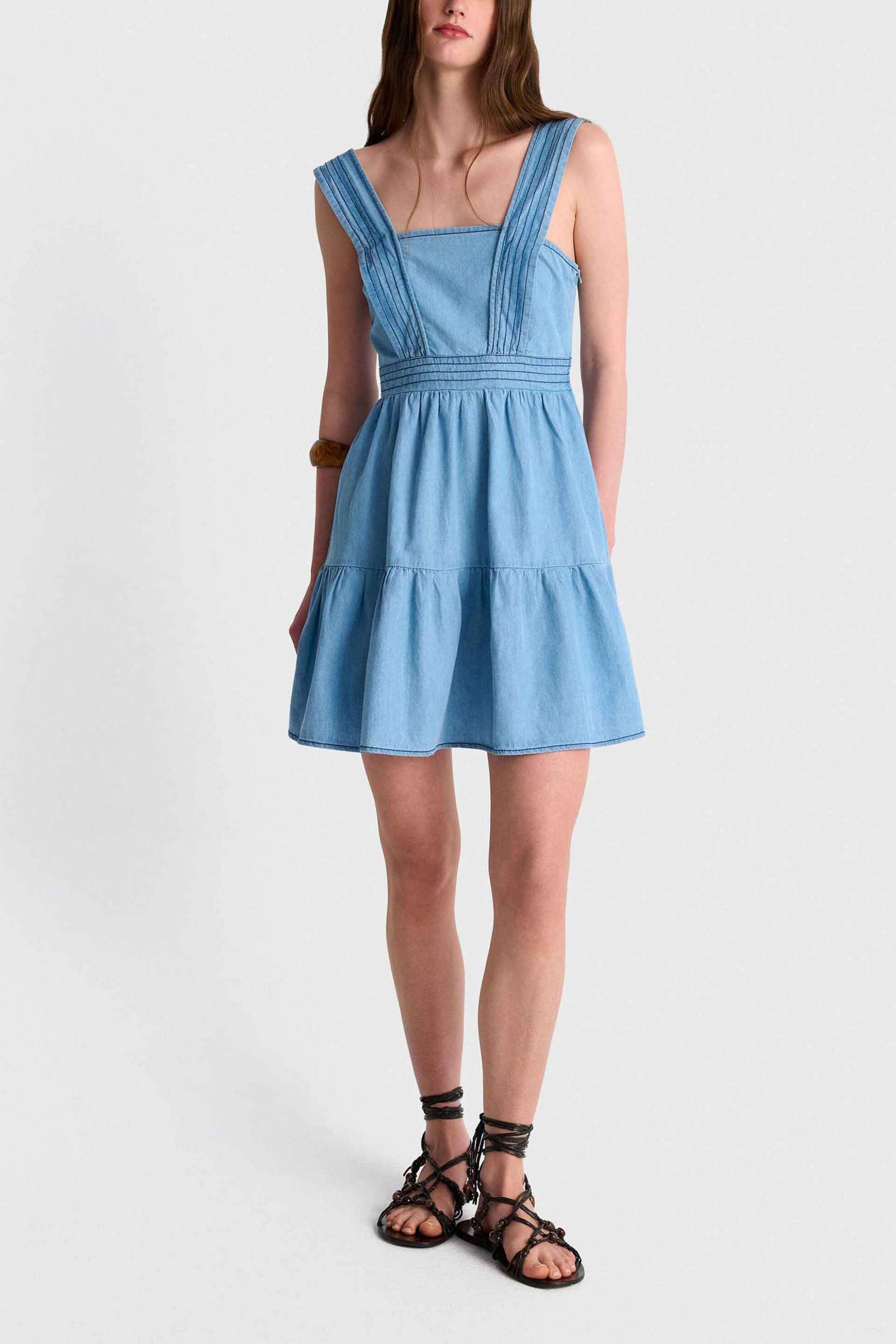 'ALE γυναικείο mini φόρεμα αμάνικο με denim όψη - 81253759 Denim Blue