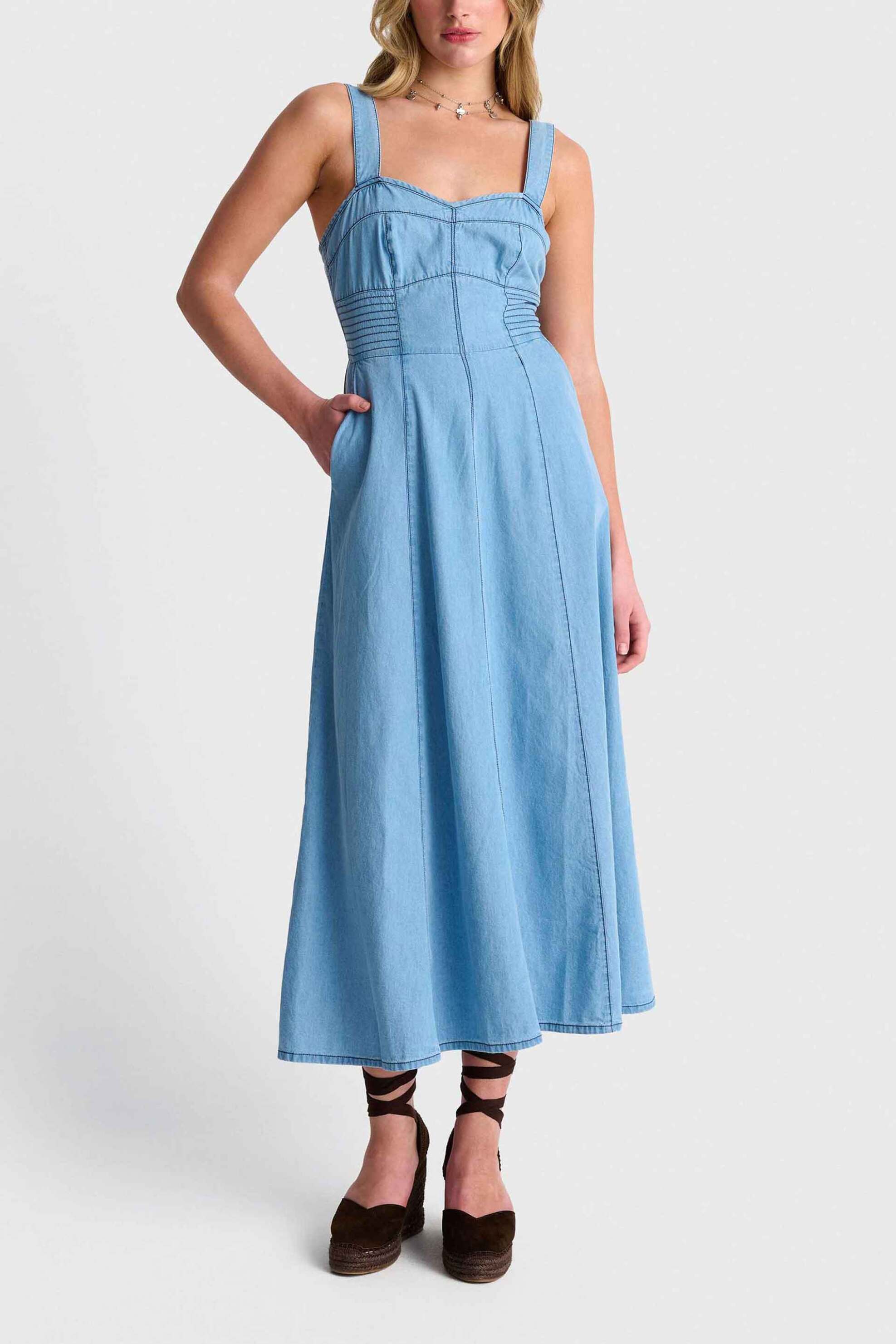 'ALE γυναικείο midi φόρεμα αμάνικο με denim όψη - 81253781 Denim Blue