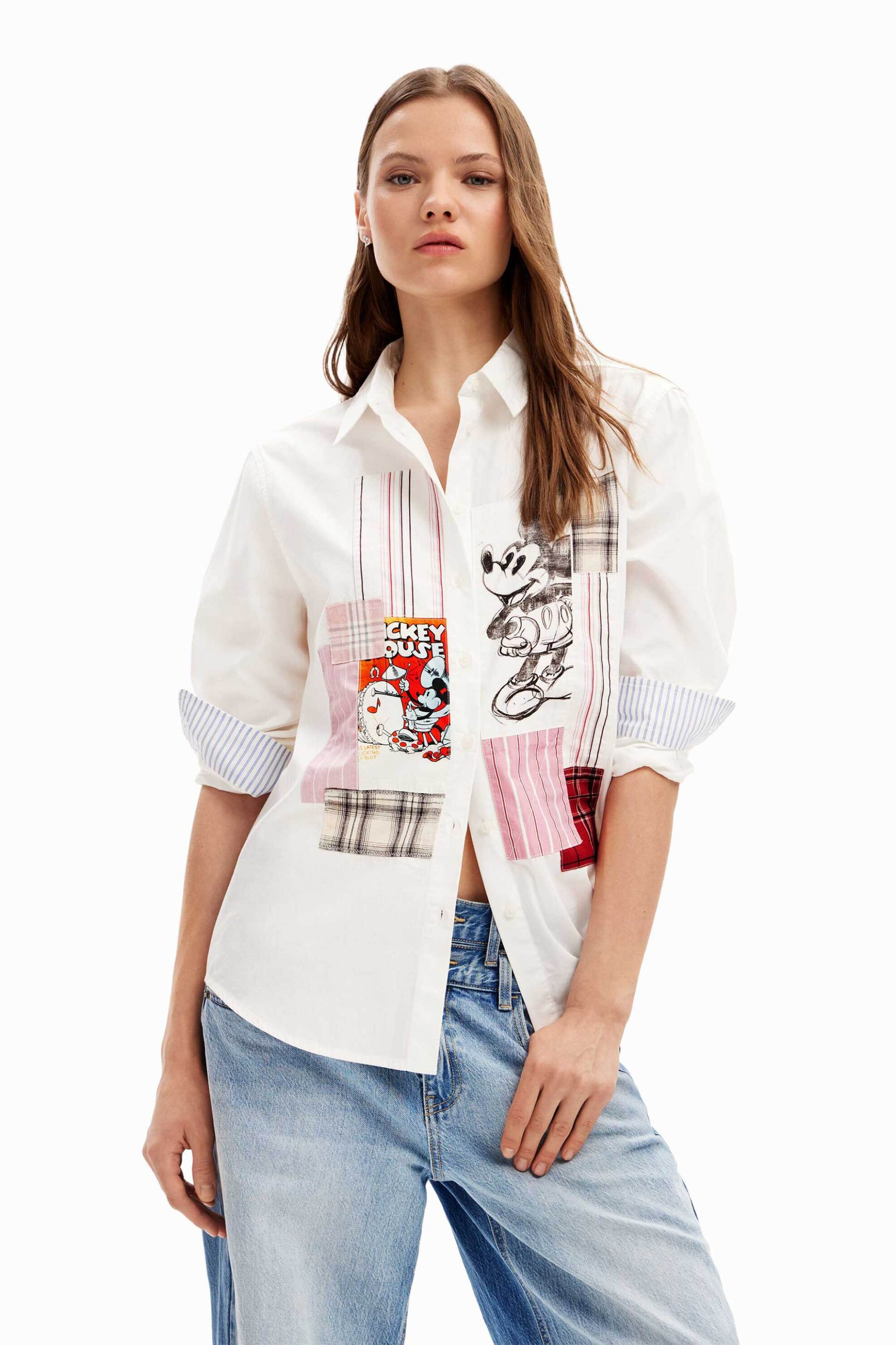 DESIGUAL Desigual γυναικείο πουκάμισο μονόχρωμο με patchworks και Mickey Mouse prints 