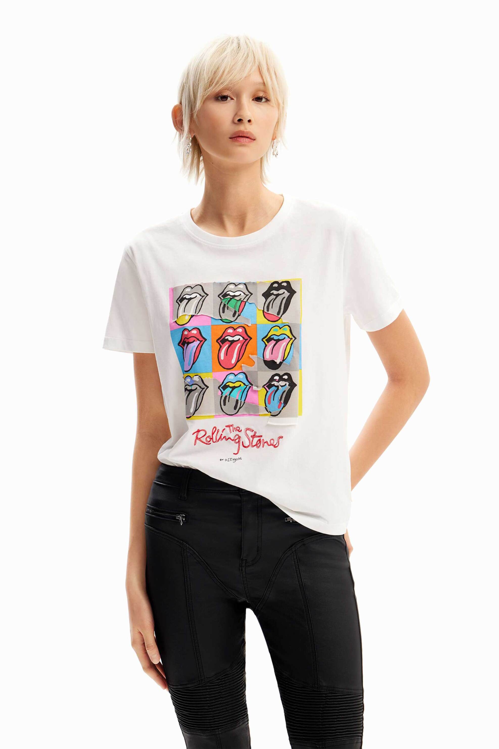 Γυναικεία Ρούχα & Αξεσουάρ > Γυναικεία Ρούχα > Γυναικεία Τοπ > Γυναικεία T-Shirts Desigual γυναικείο βαμβακερό T-shirt με πολύχρωμο print μπροστά "Rollings" - 24SWTK49 Λευκό
