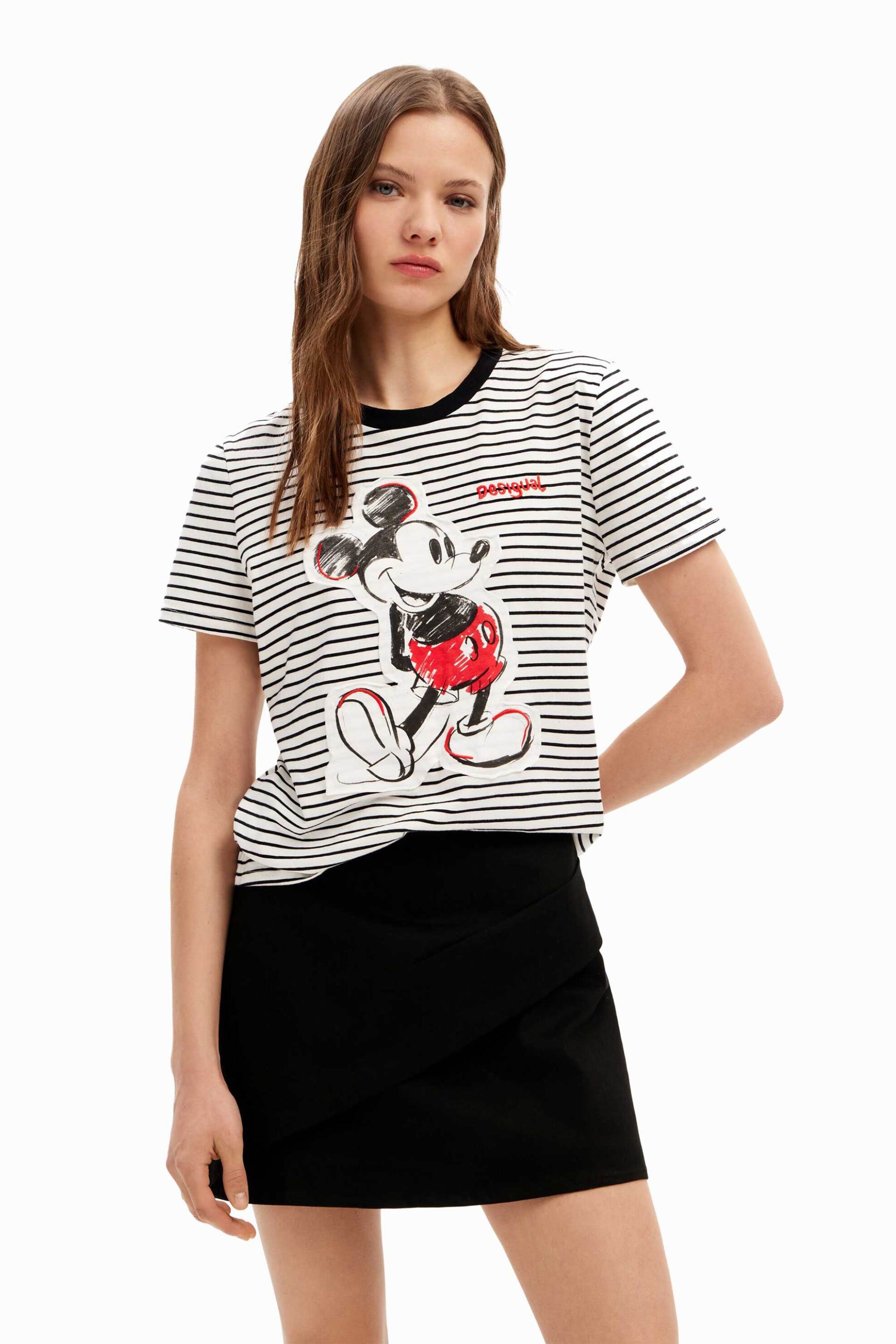 Γυναικεία Ρούχα & Αξεσουάρ > Γυναικεία Ρούχα > Γυναικεία Τοπ > Γυναικεία T-Shirts Desigual γυναικείο T-shirt με ριγέ σχέδιο και Mickey Mouse patch "Mickey Patch" - 24SWTK77 Λευκό