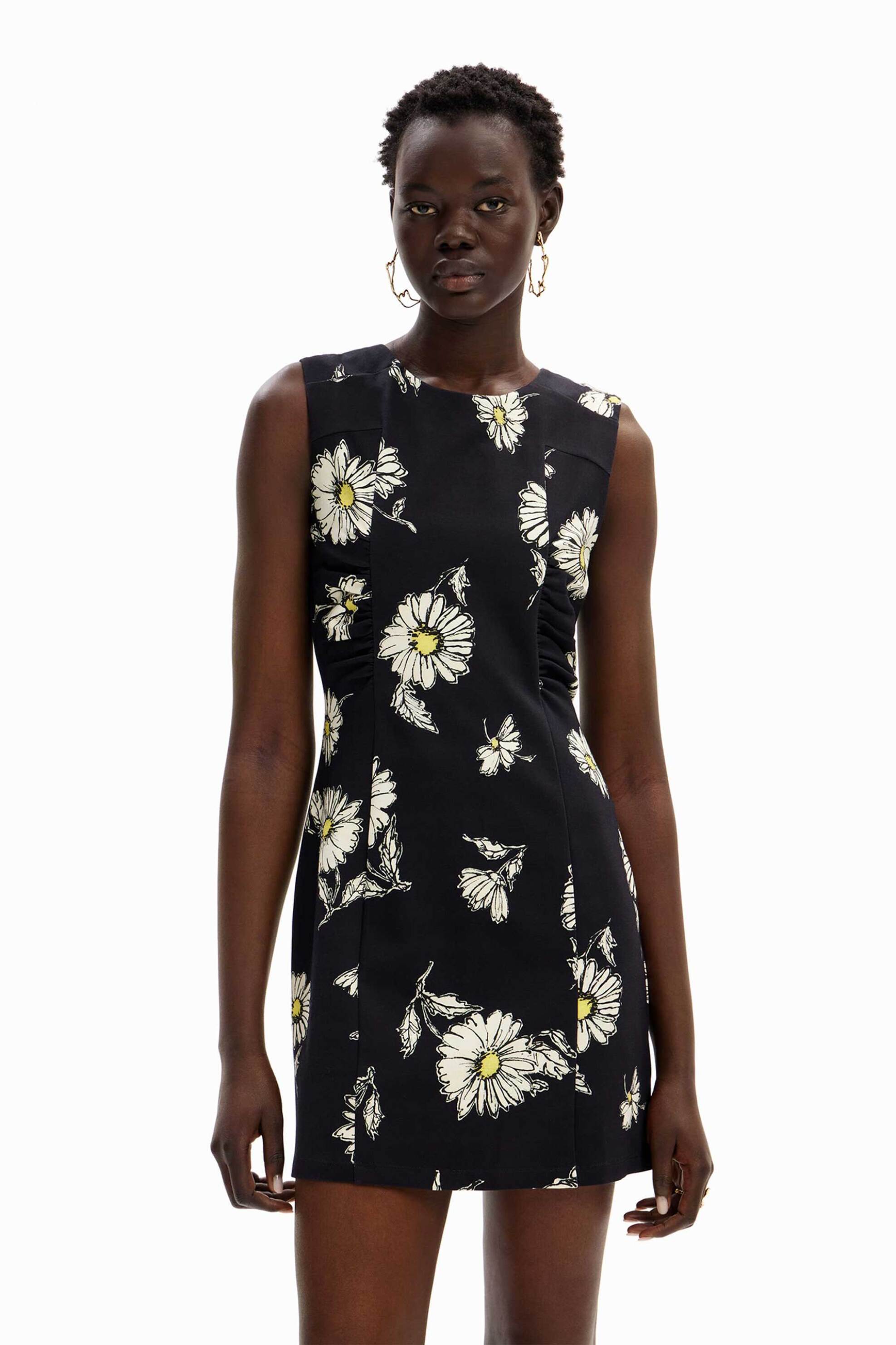 Desigual γυναικείο mini φόρεμα με all-over daisies print και σούρες μπροστά 