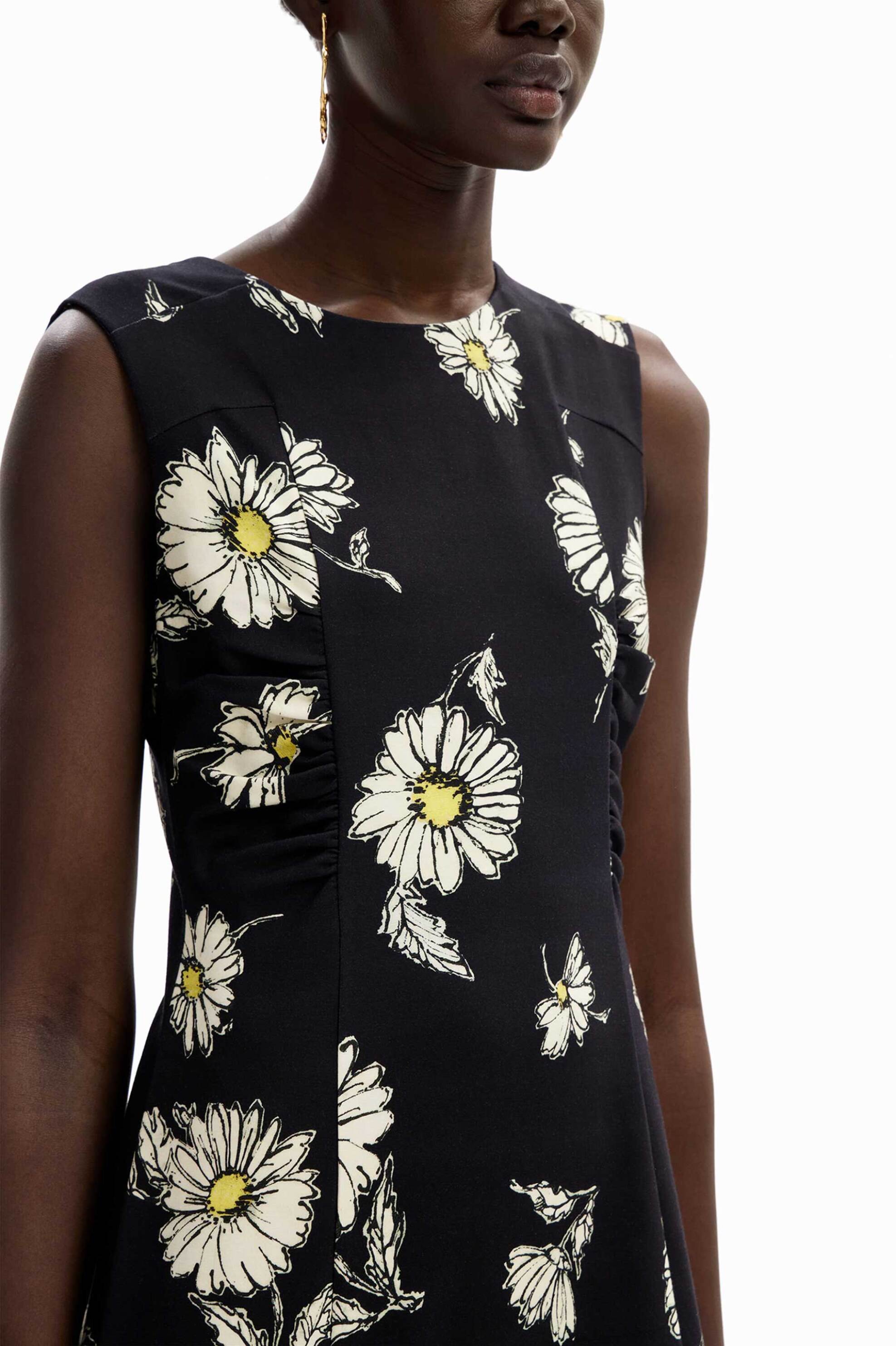 Desigual γυναικείο mini φόρεμα με all-over daisies print και σούρες μπροστά 