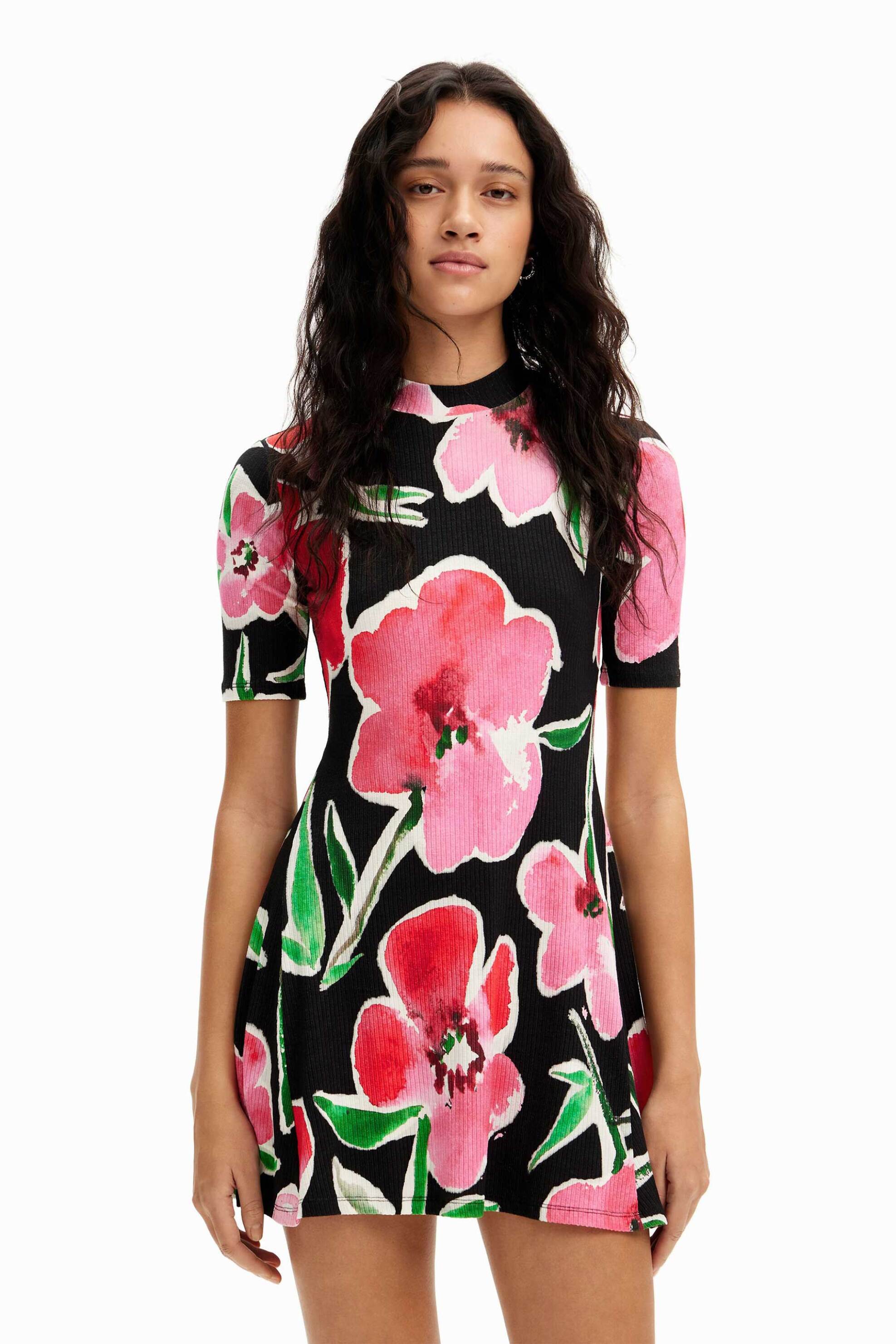 Desigual γυναικείο mini φόρεμα με all-over ribbed υφή και watercolor-effect floral print 