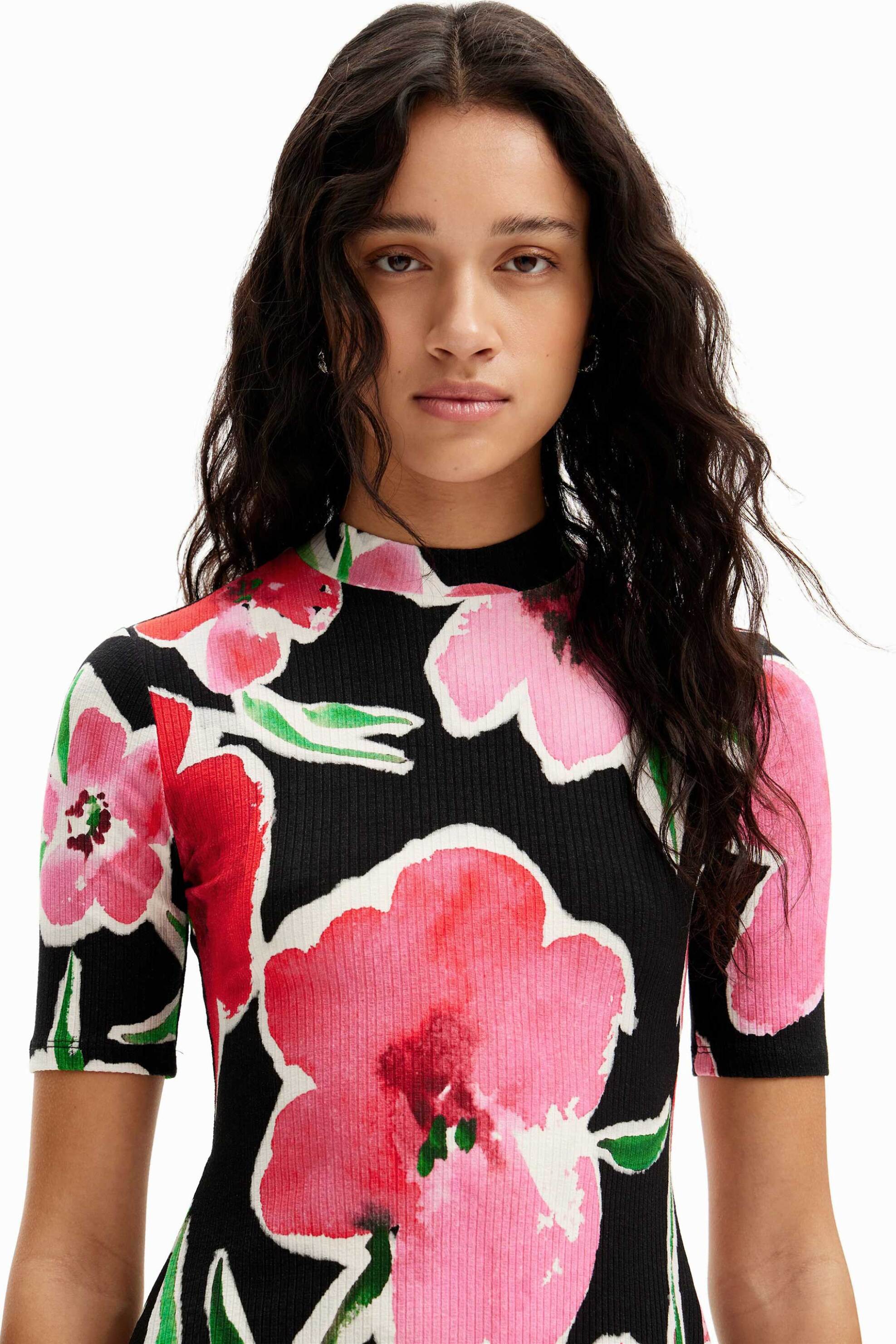 Desigual γυναικείο mini φόρεμα με all-over ribbed υφή και watercolor-effect floral print 