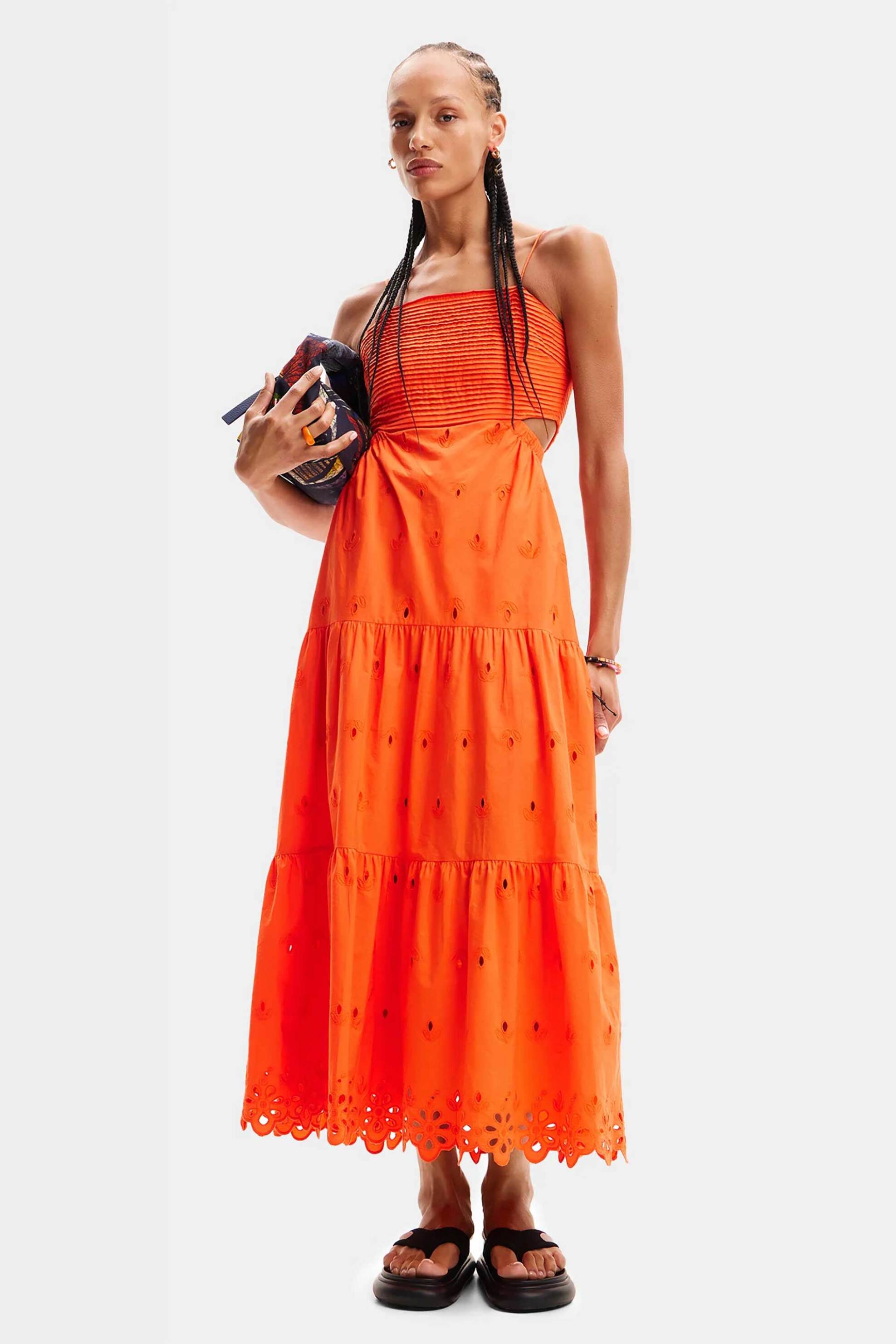 DESIGUAL Desigual γυναικείο maxi βαμβακερό φόρεμα μονόχρωμο με σχέδιο με δαντέλα "Malver" - 24SWVW12 Πορτοκαλί