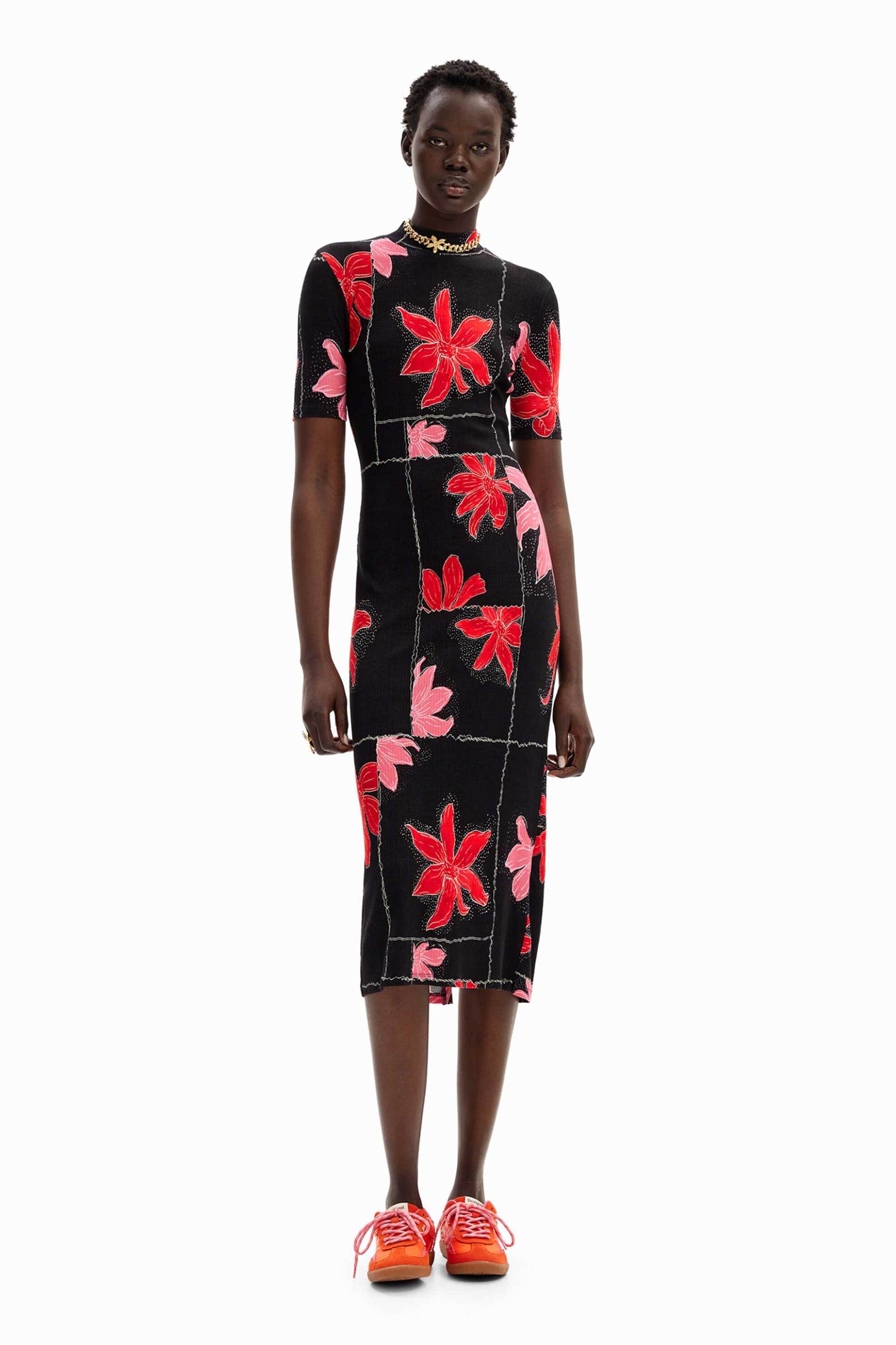 Desigual γυναικείο midi φόρεμα με ribbed υφή και contrast floral print 