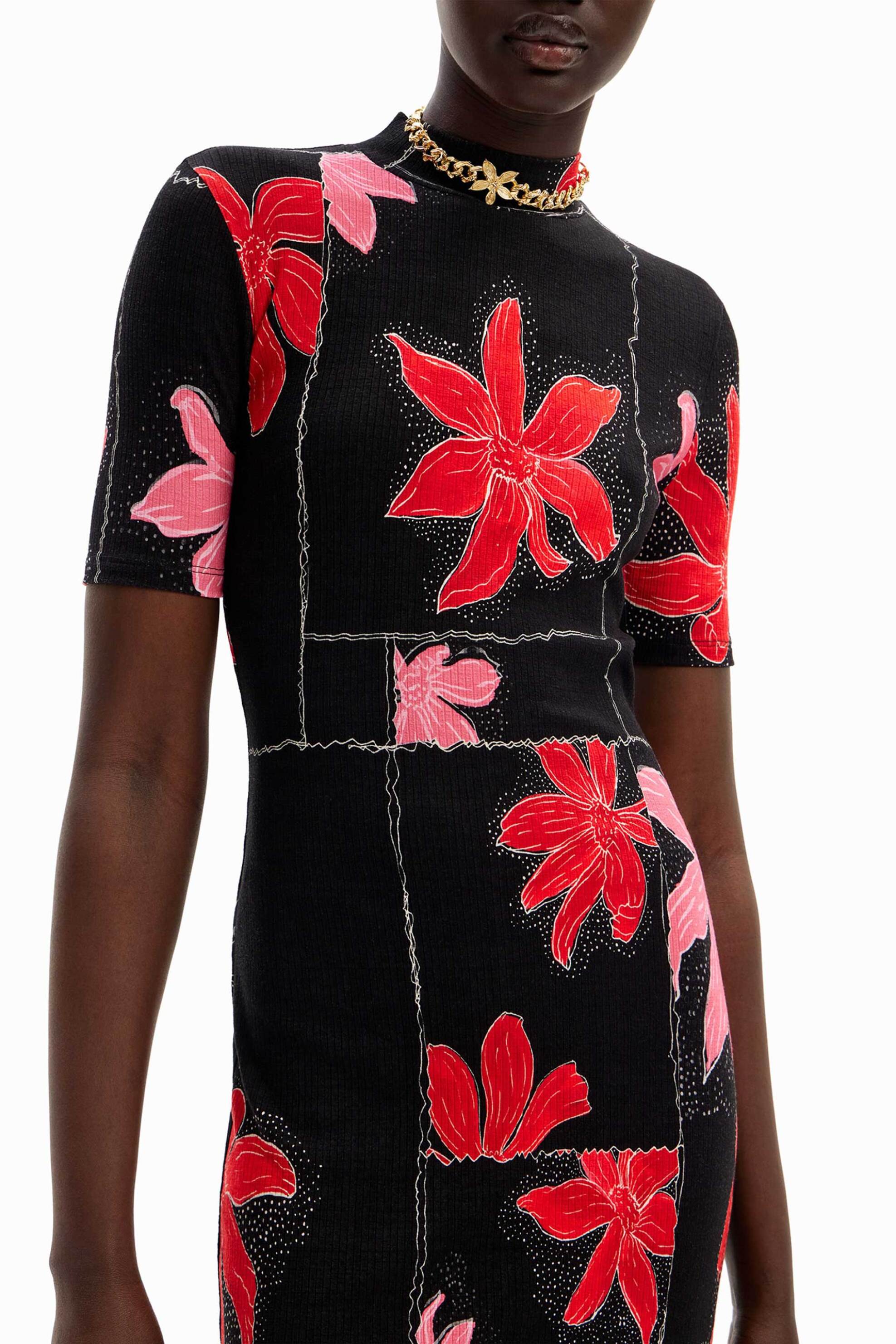 Desigual γυναικείο midi φόρεμα με ribbed υφή και contrast floral print 