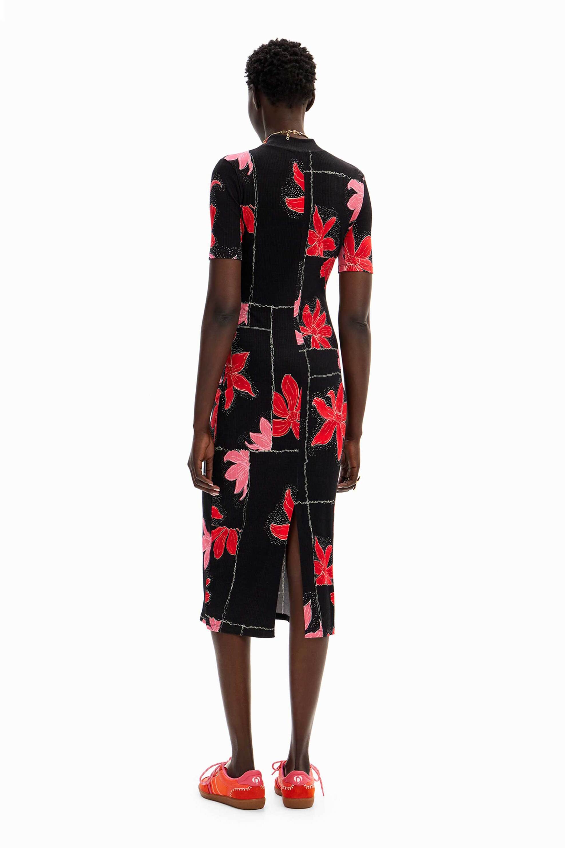 DESIGUAL Desigual γυναικείο midi φόρεμα με ribbed υφή και contrast floral print "Quebec" - 24SWVK40 Κόκκινο - 3