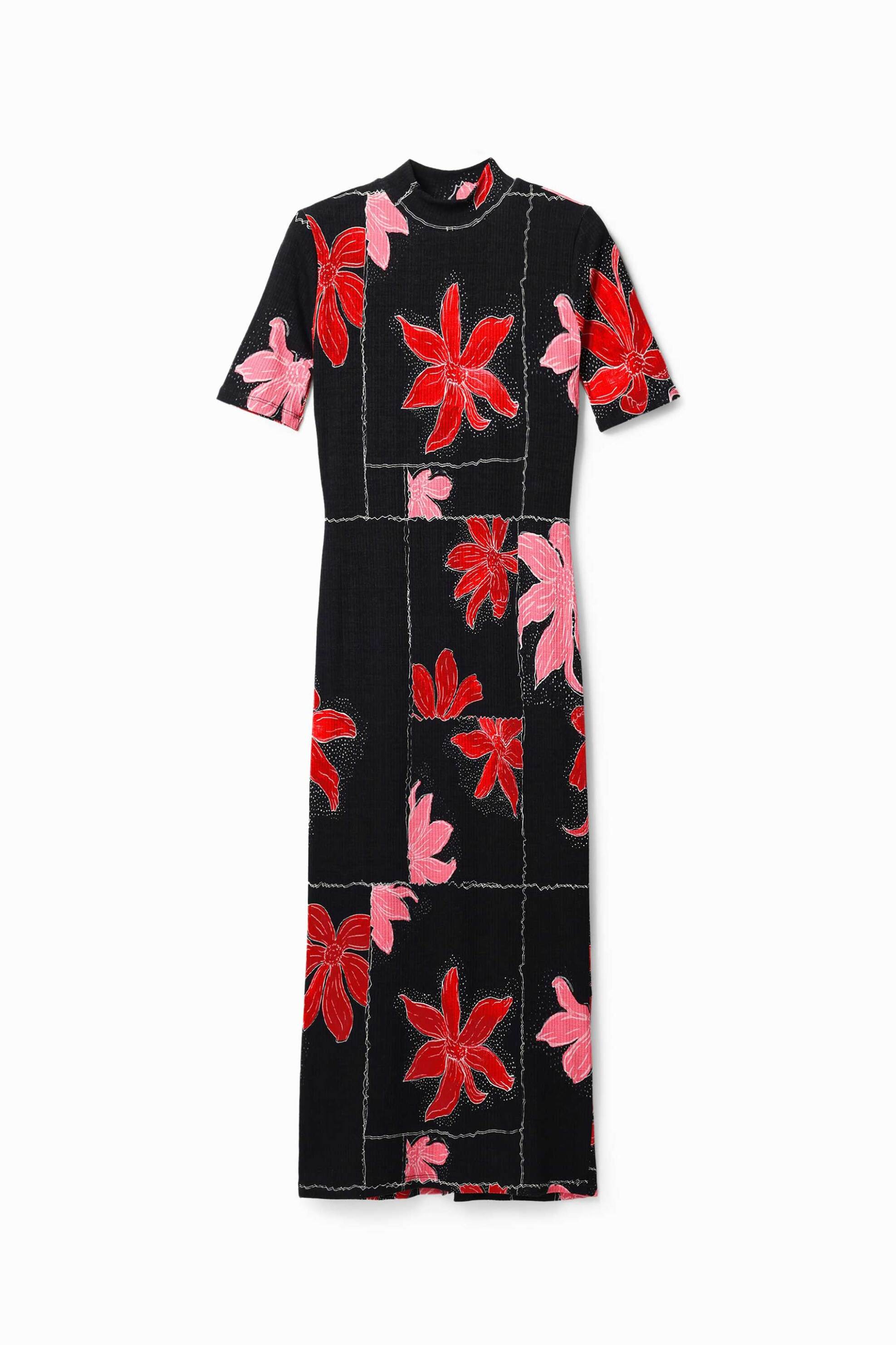 DESIGUAL Desigual γυναικείο midi φόρεμα με ribbed υφή και contrast floral print "Quebec" - 24SWVK40 Κόκκινο - 4
