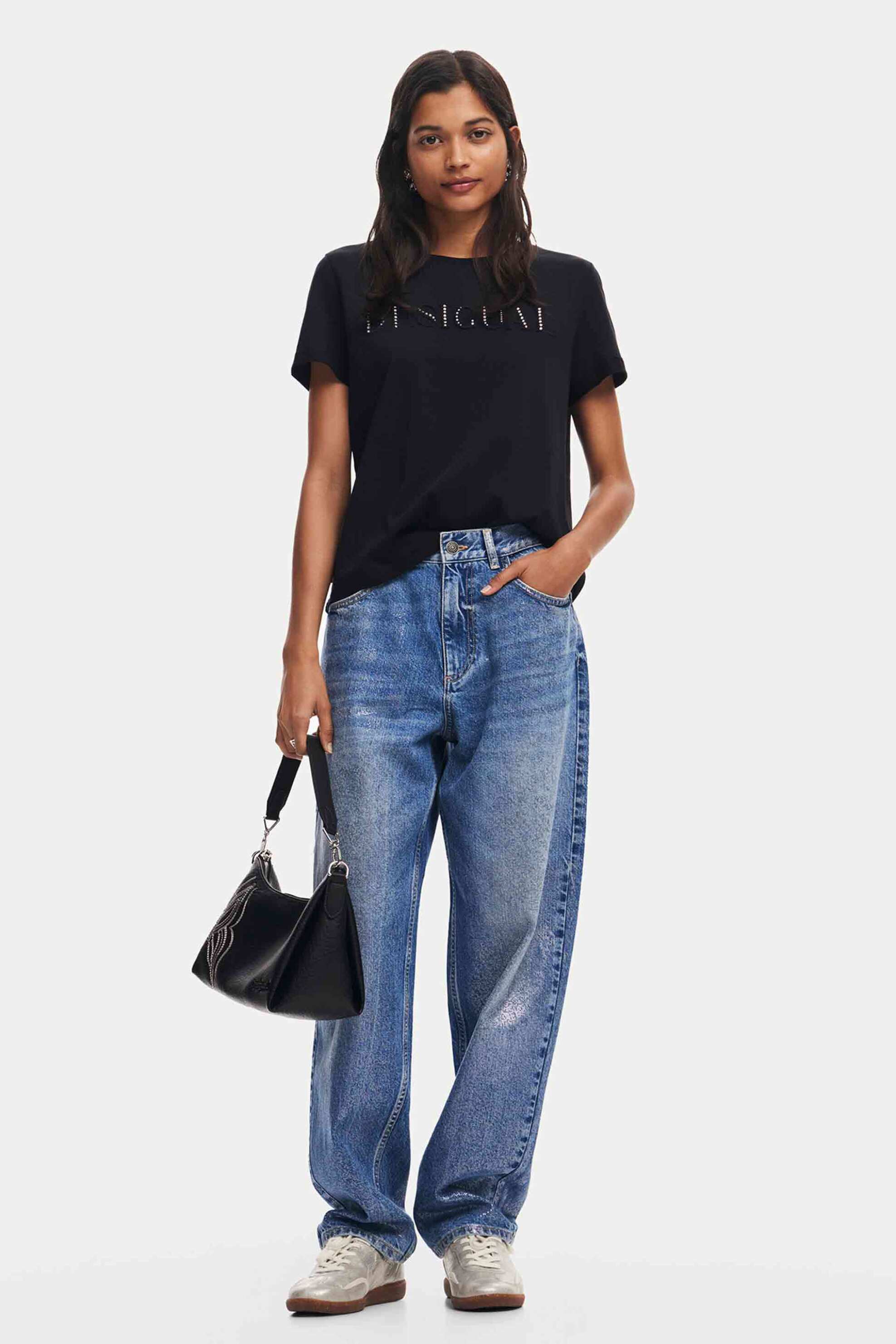 Desigual γυναικείο βαμβακερό T-shirt με ανάγλυφο logo και στρας "Brandy" | M