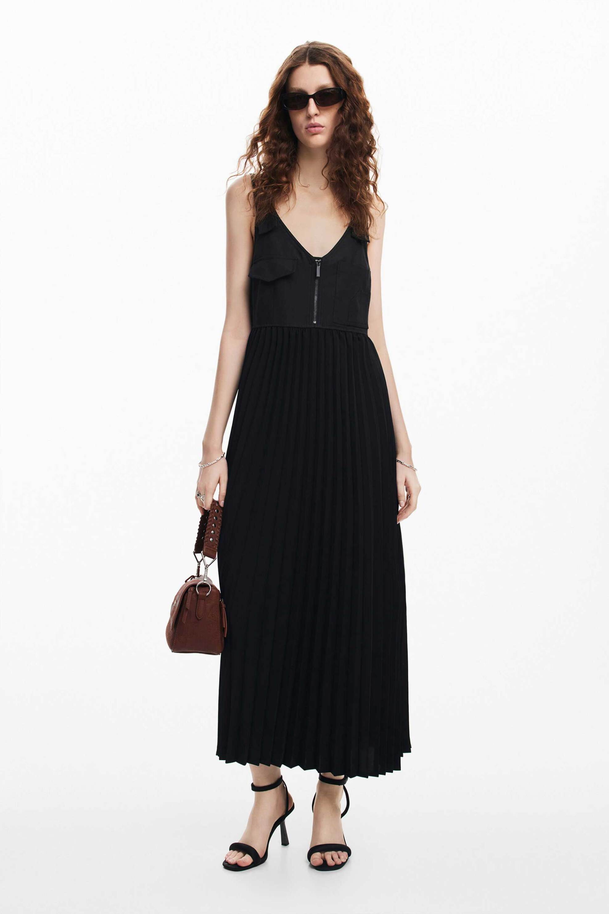 Desigual γυναικείο midi φόρεμα μονόχρωμο με τσέπες "Houston" - 24WWVW39 Μαύρο