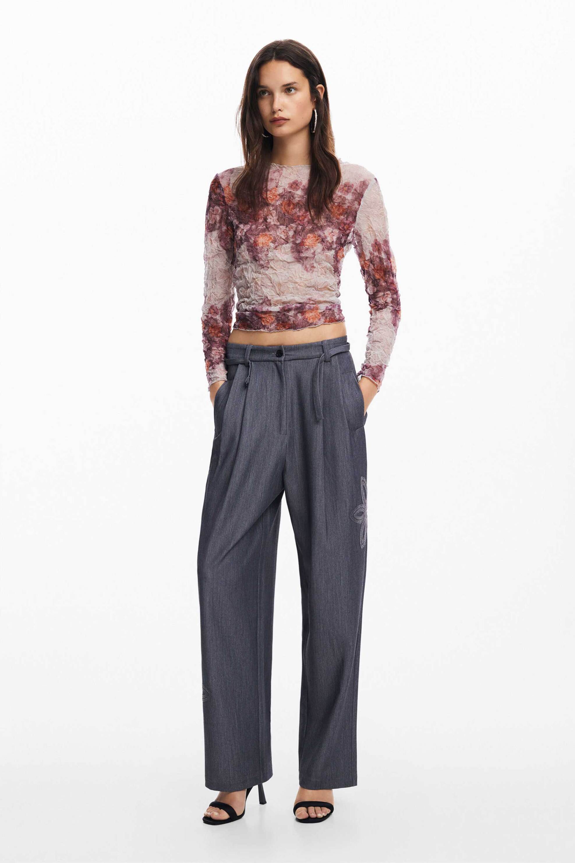 Desigual γυναικείο παντελόνι μονόχρωμο με ασορτί ζώνη Straight Fit - 24WWPW20 Γκρι