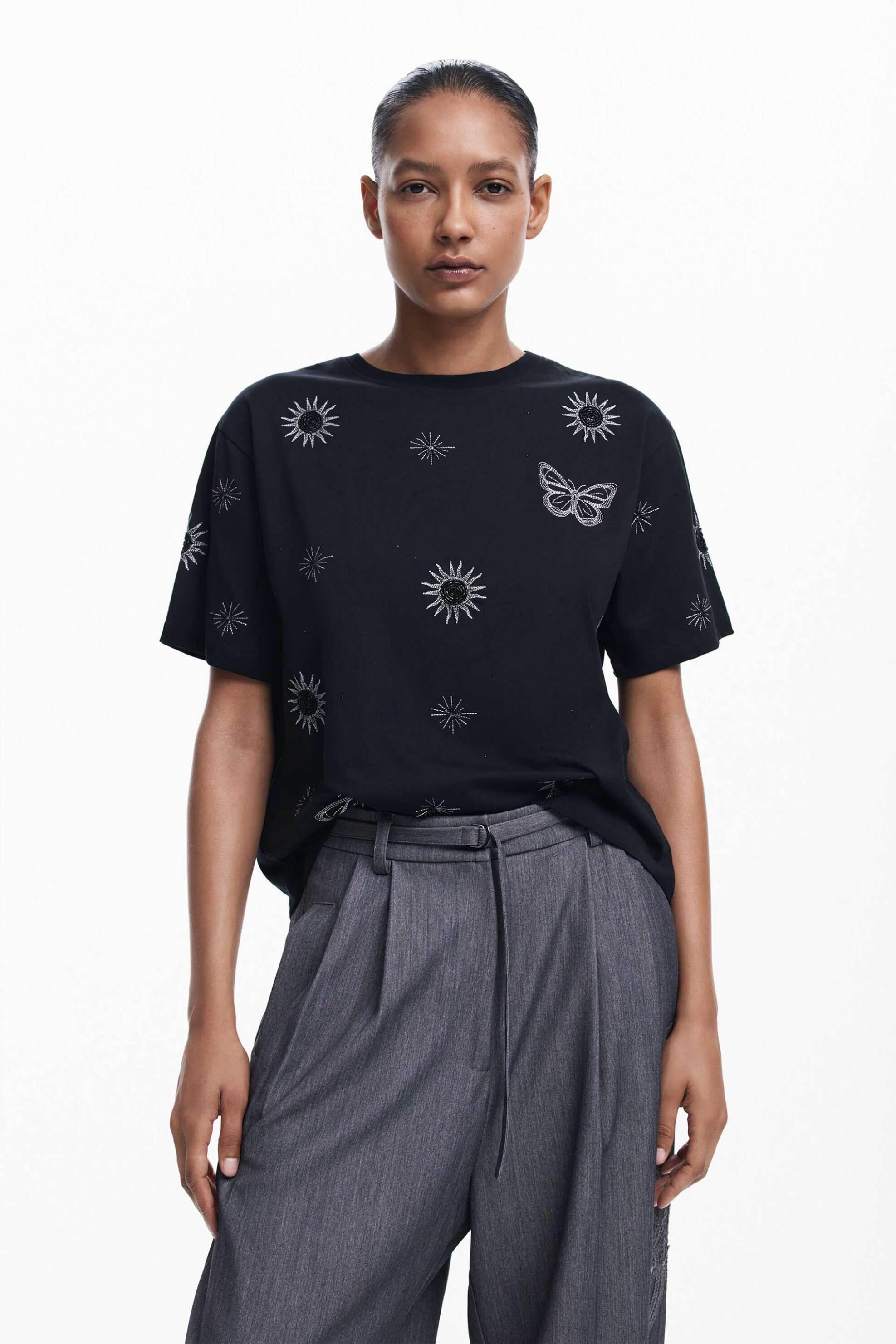 Desigual γυναικείο T-shirt με all-over print με παγιέτα και στρας Regular Fit | M