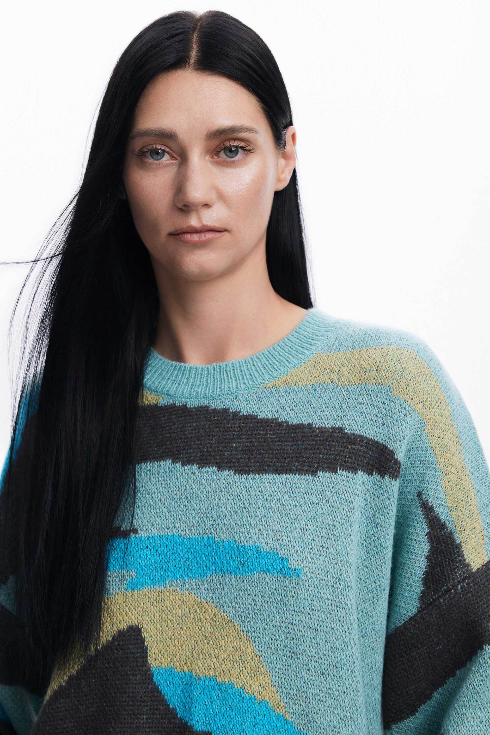 Desigual γυναικείο πουλόβερ με all-over print και ribbed λεπτομέρειες Oversized Fit - 24WWJF62 Γαλάζιο φωτογραφία