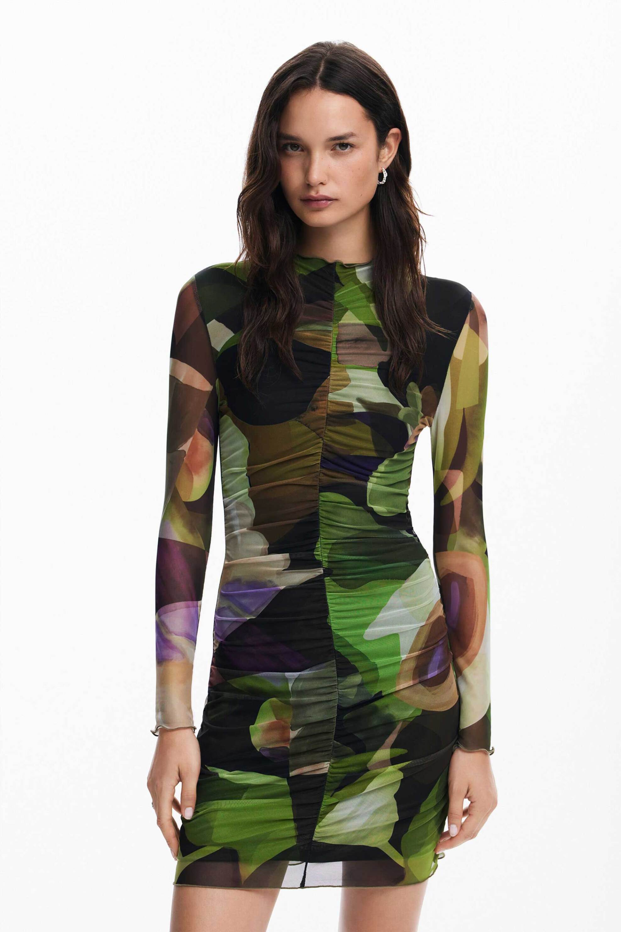 Desigual γυναικείο mini φόρεμα με all-over print Slim Fit - 24WWVK36 Χακί