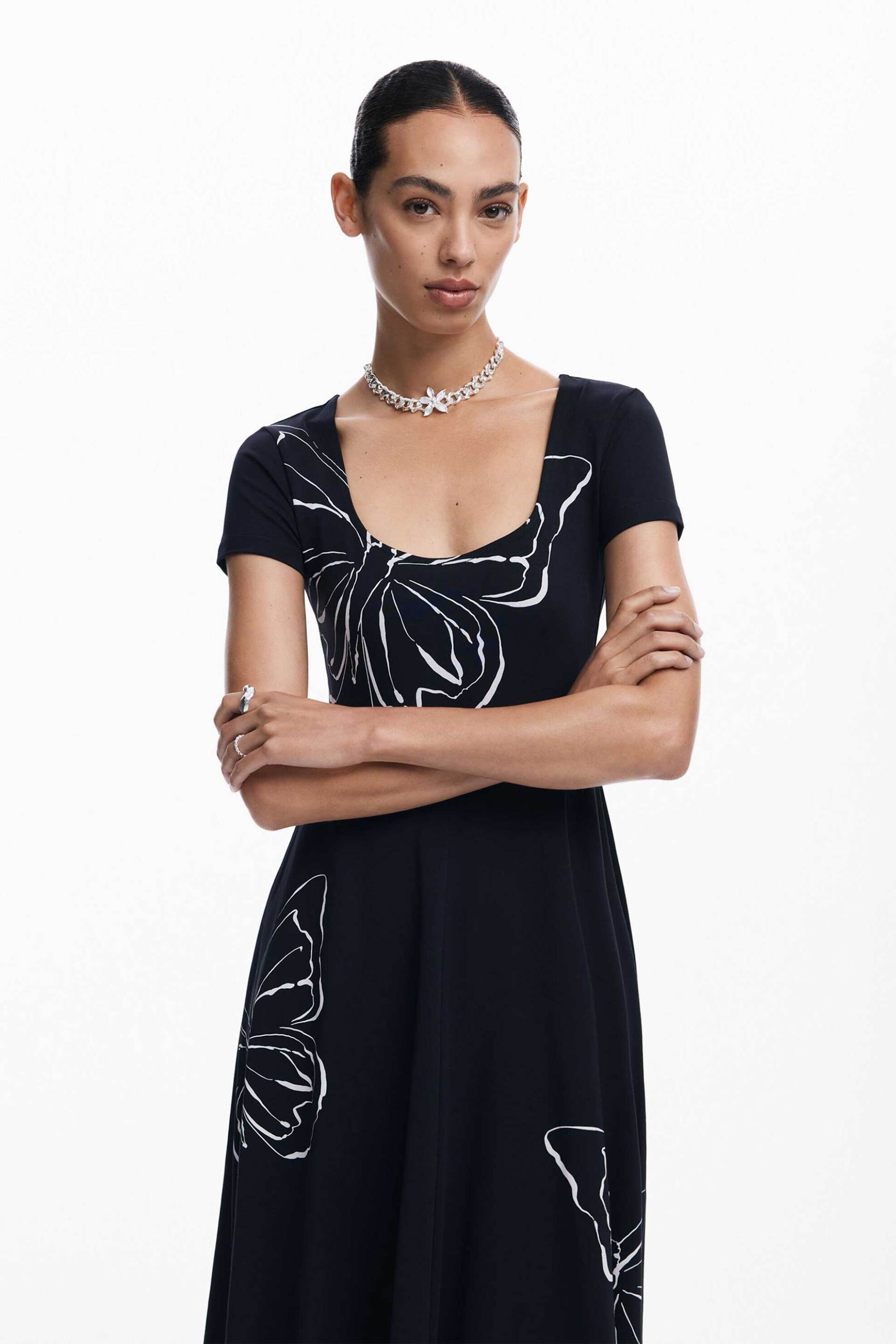 DESIGUAL Desigual γυναικείο midi φόρεμα με all-over butterfly print Regular Fit - 24WWVK66 Μαύρο