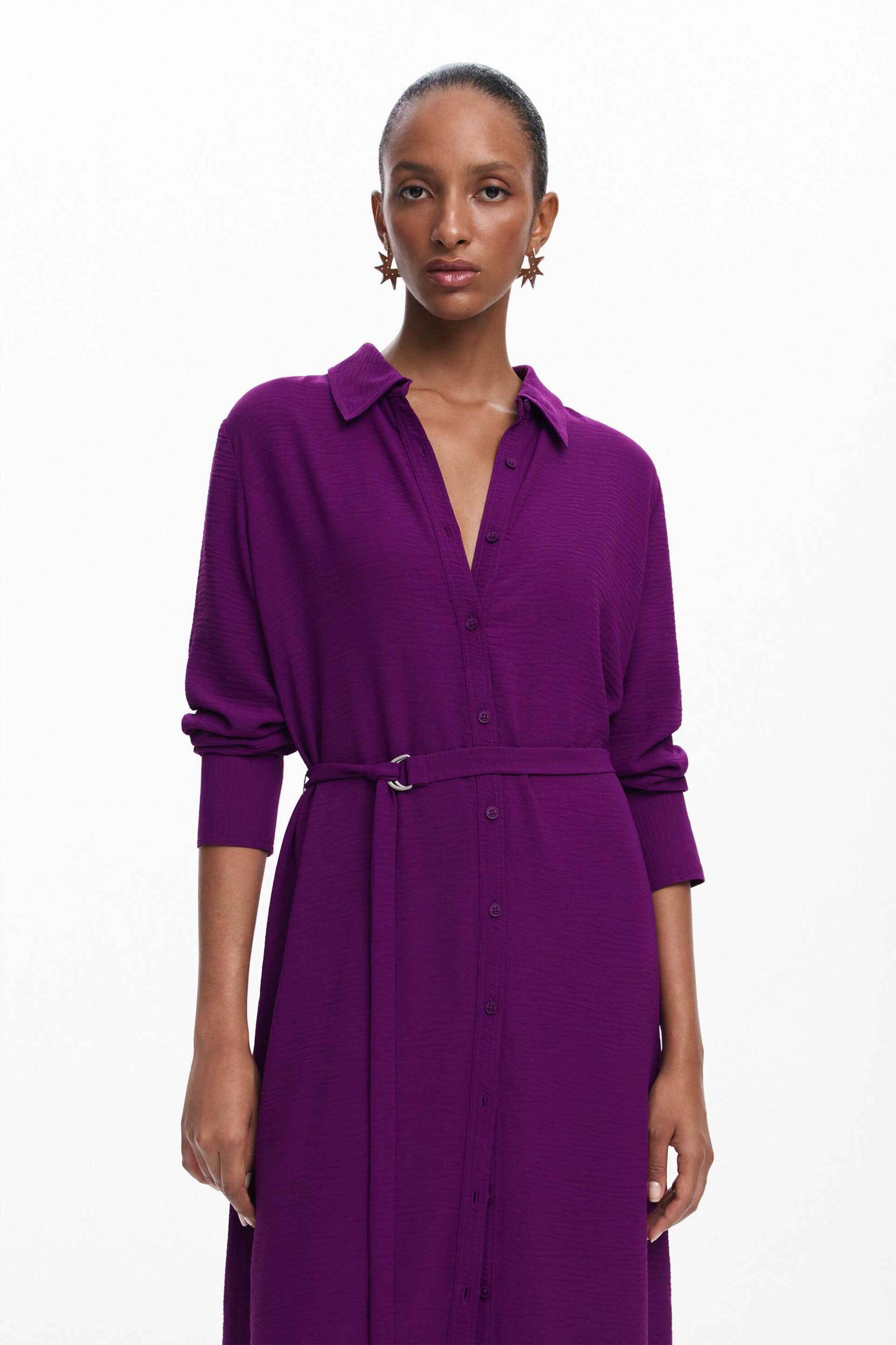 DESIGUAL Desigual γυναικείο midi φόρεμα σεμιζιέ μονόχρωμο με ασορτί ζώνη στη μέση Regular Fit - 24WWVW44 Βιολετί