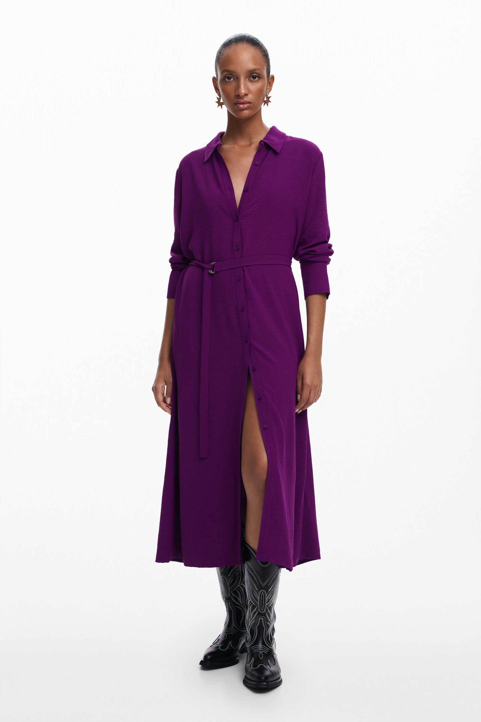 Desigual γυναικείο midi φόρεμα σεμιζιέ μονόχρωμο με ασορτί ζώνη στη μέση Regular Fit - 24WWVW44 Βιολετί φωτογραφία