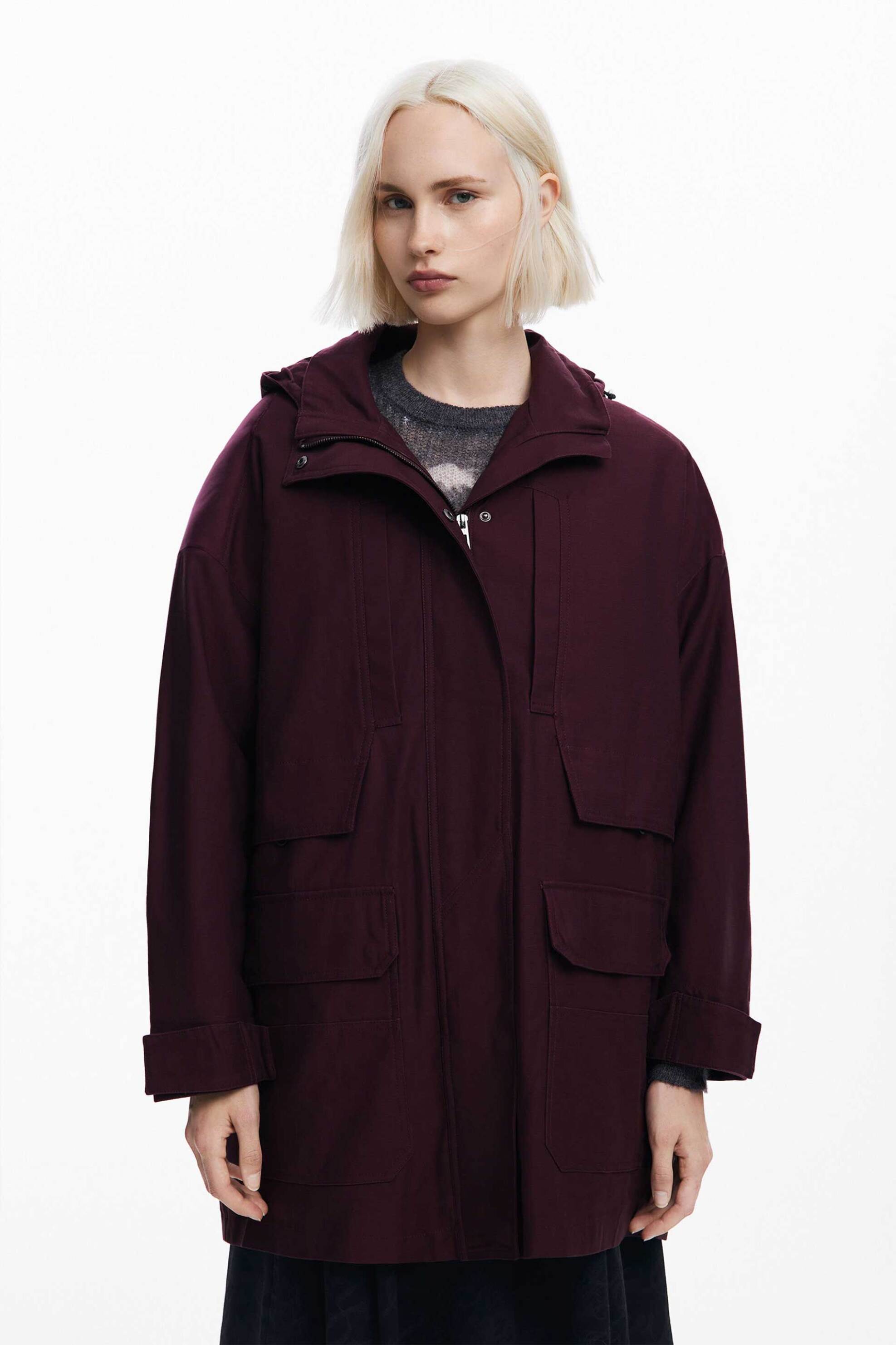 DESIGUAL Desigual γυναικείο μπουφάν παρκά μονόχρωμο με κουκούλα και σχέδιο Regular Fit - 24WWEW20 Μοβ Σκούρο