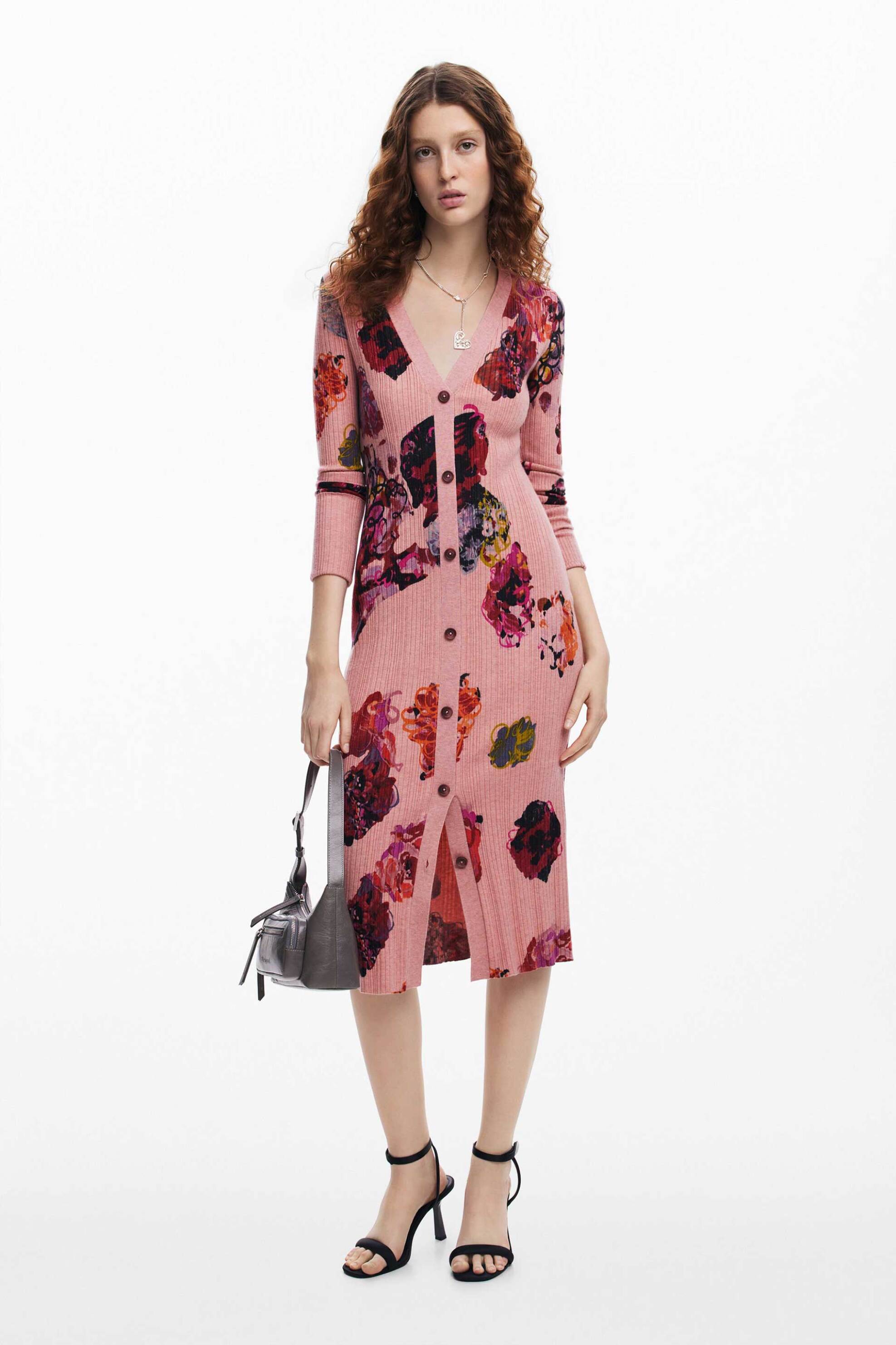 Desigual γυναικείο midi φόρεμα σεμιζιέ με all-over print Slim Fit - 24WWVF11 Ροζ