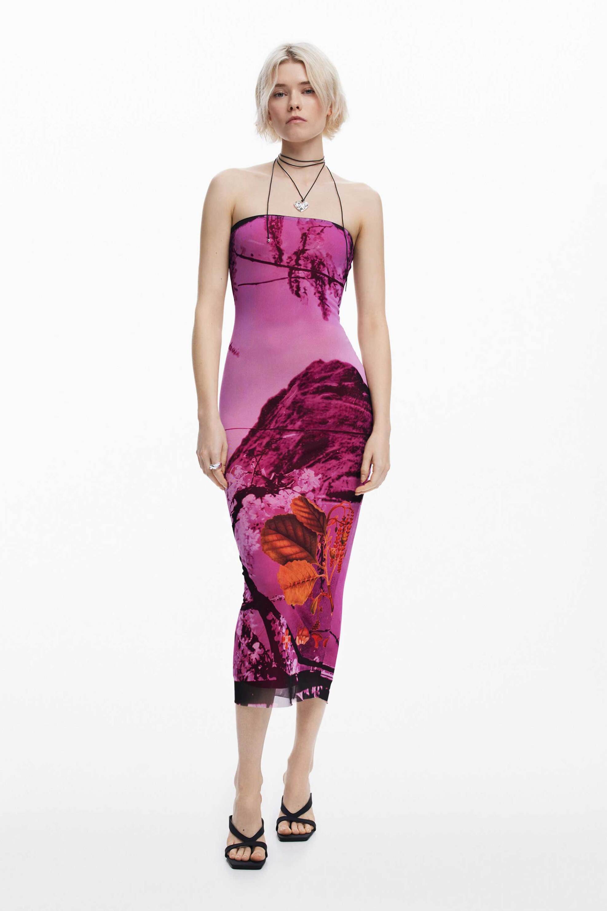 Desigual γυναικείο φόρεμα midi στράπλες με print "Lakecomo" - 25SWVK39 Ροζ