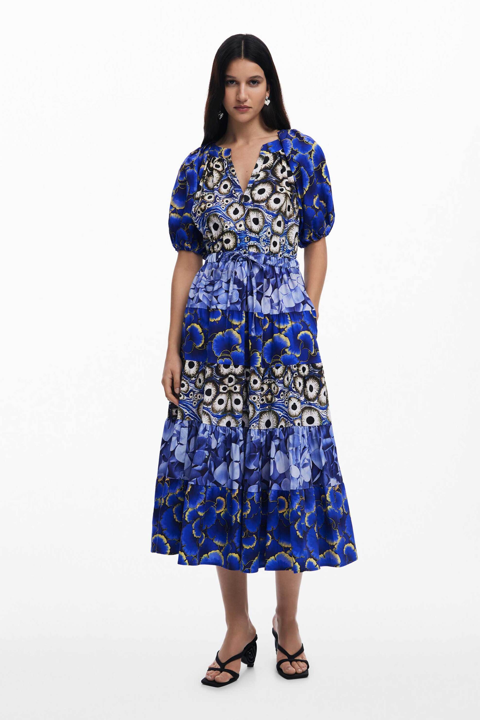 Desigual γυναικείο φόρεμα midi με print "Cells Long" - 25SWVW02 Γαλάζιο