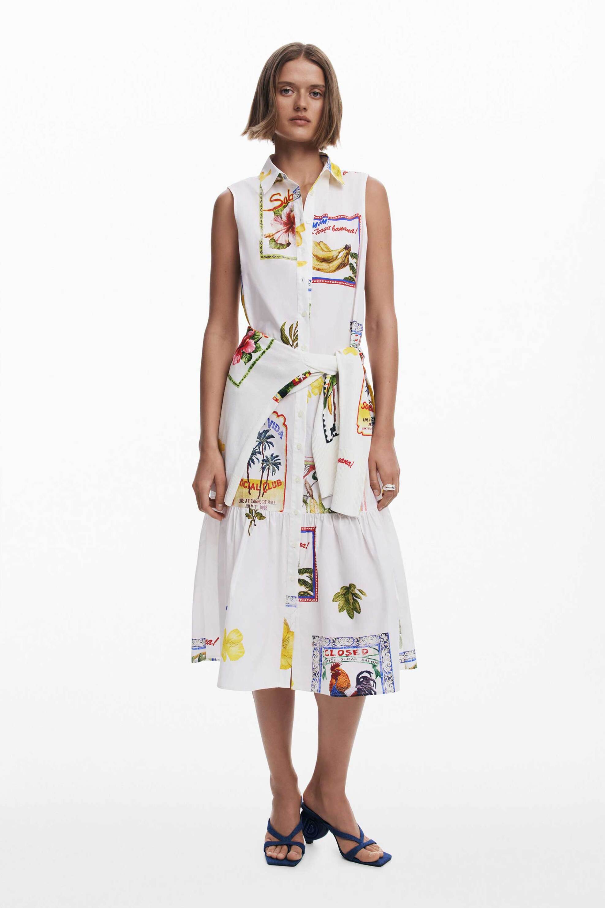 Desigual γυναικείο φόρεμα midi αμάνικο με print "Barcelona" - 25SWVW42 Λευκό