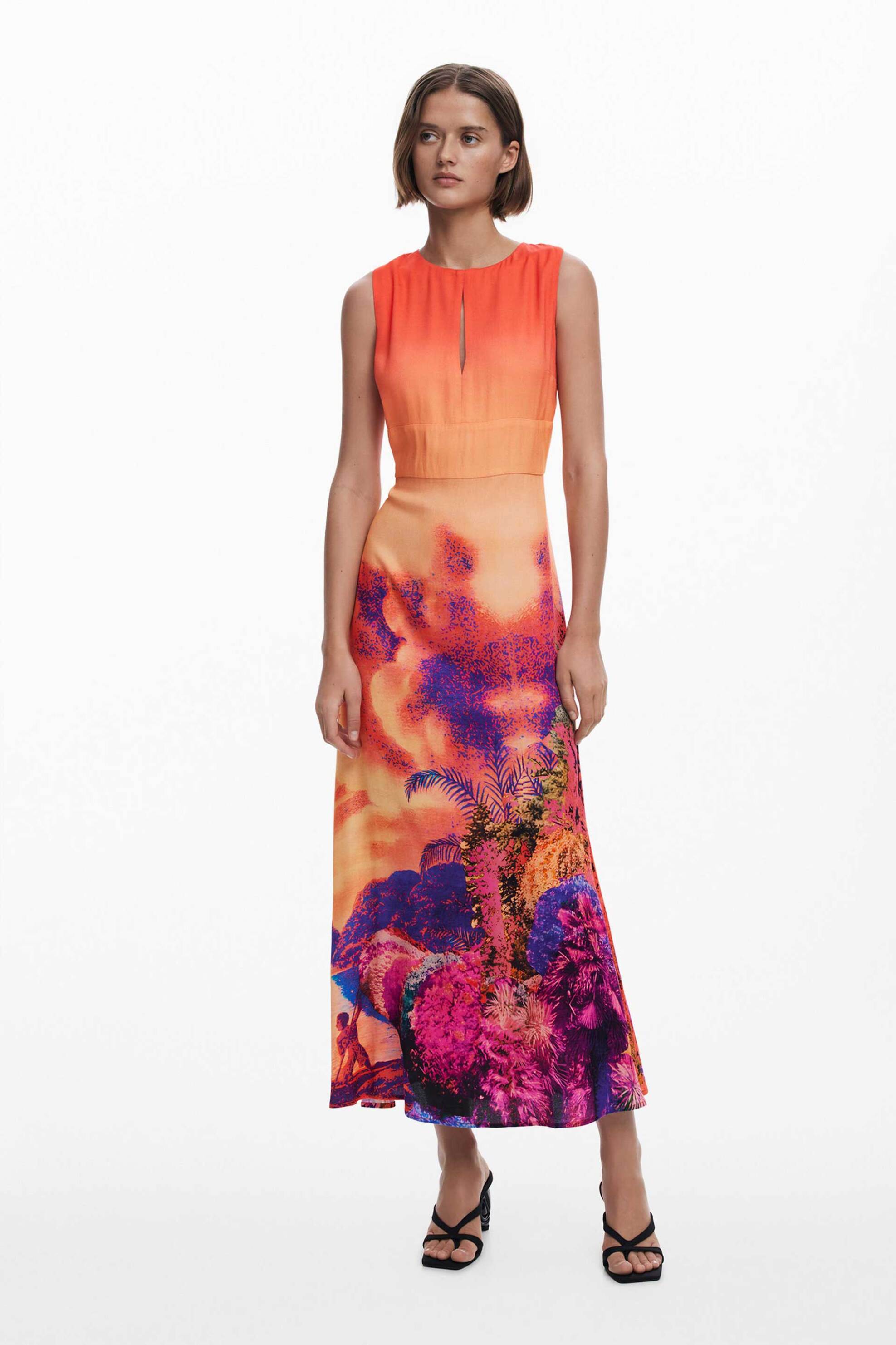 Desigual γυναικείο φόρεμα midi με print "Tropical" - 25SWVW93 Πορτοκαλί