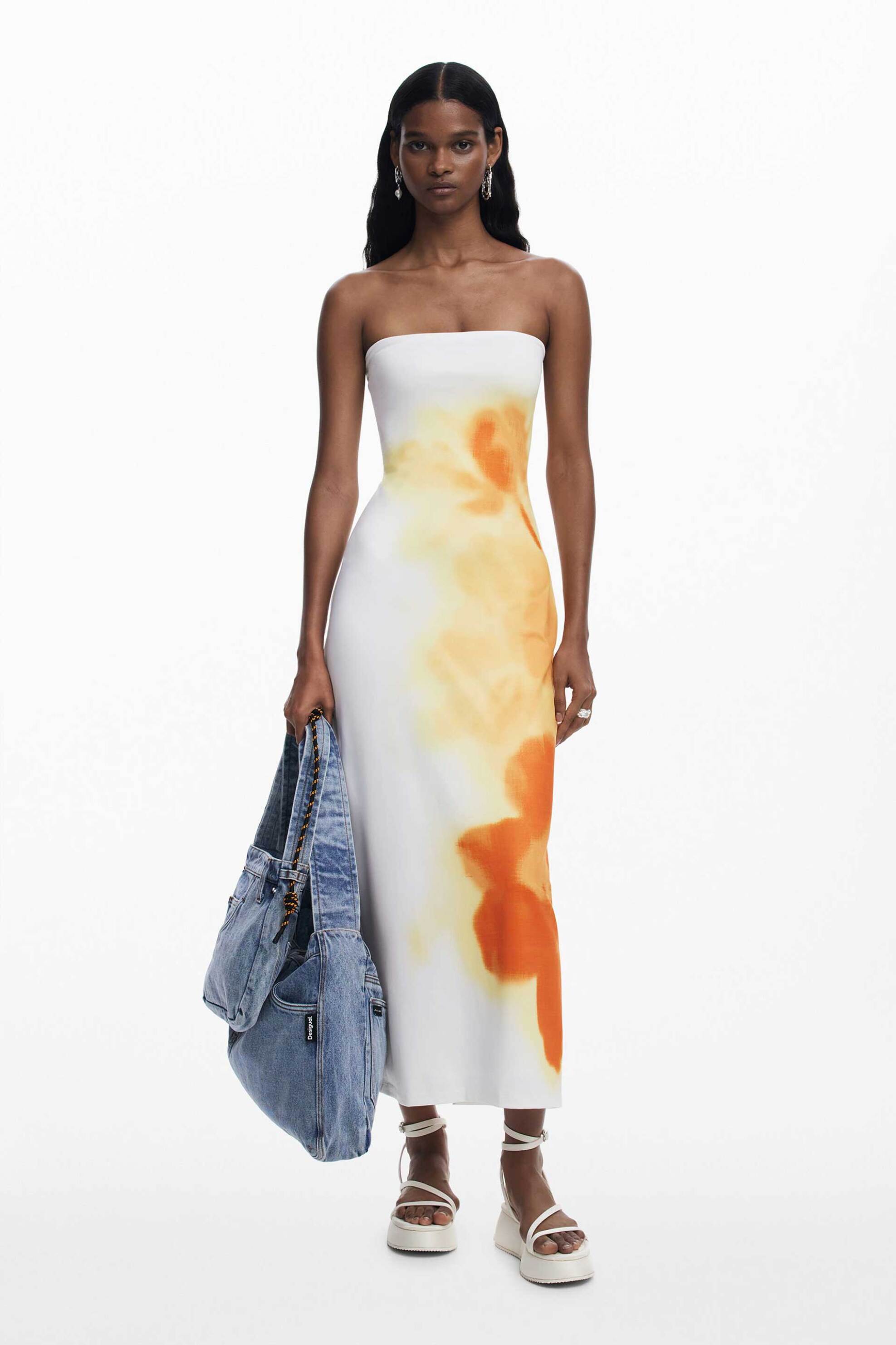 Desigual γυναικείο φόρεμα midi στραπλές με print "Amberes" - 25SWVK49 Λευκό