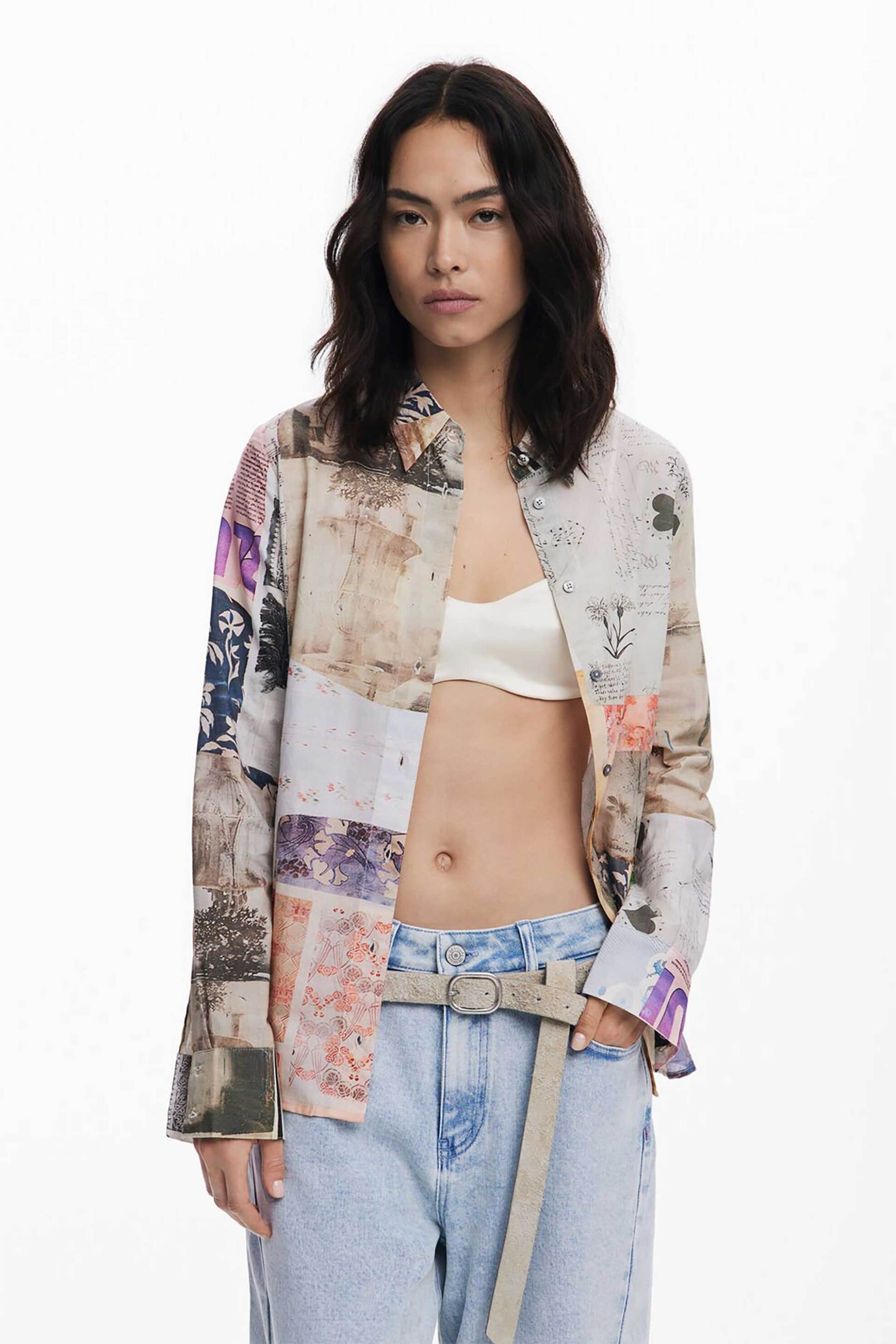 DESIGUAL Desigual γυναικείo πουκάμισο με arty print "Photoposta" - 25WWCW18 Καφέ