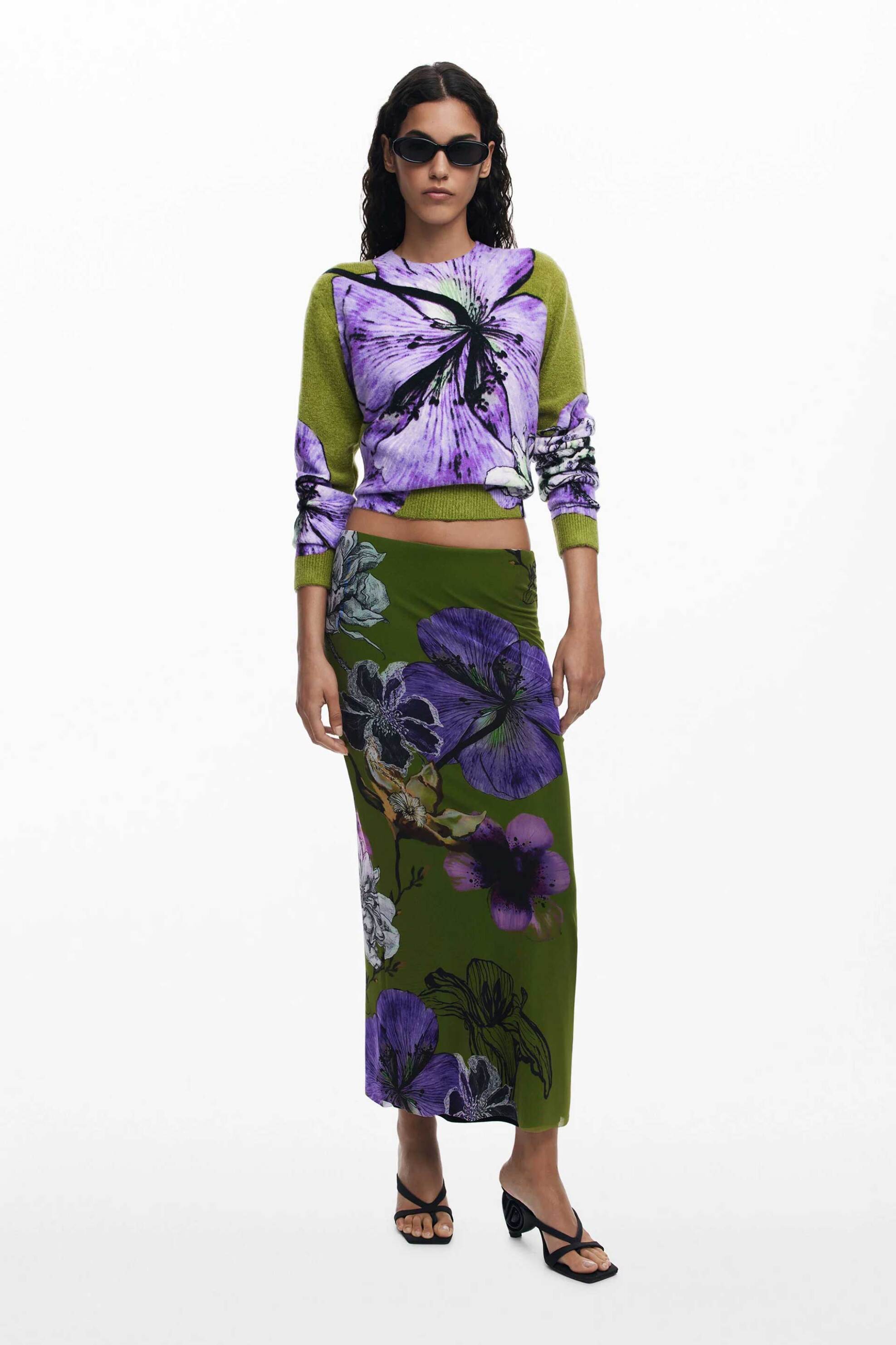 DESIGUAL Desigual γυναικεία midi φούστα με floral print Slim Fit "Tulleflower Lacroix" - 25WWFK03 Πράσινο