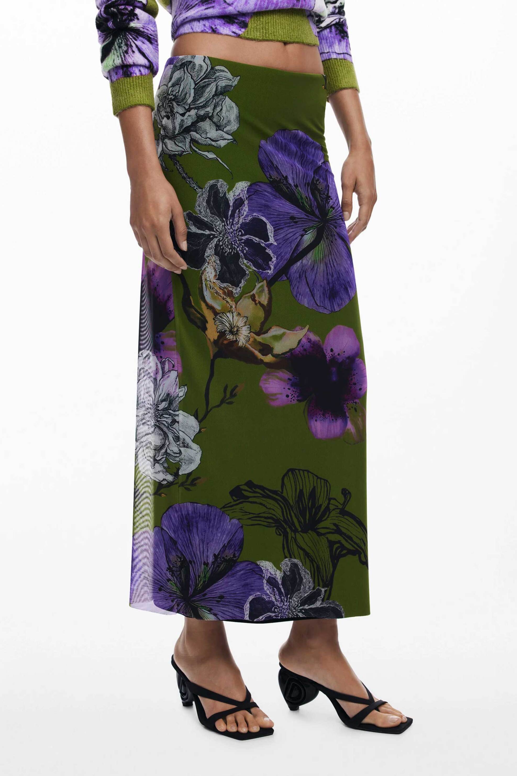 Desigual γυναικεία midi φούστα με floral print Slim Fit "Tulleflower Lacroix" - 25WWFK03 Πράσινο φωτογραφία