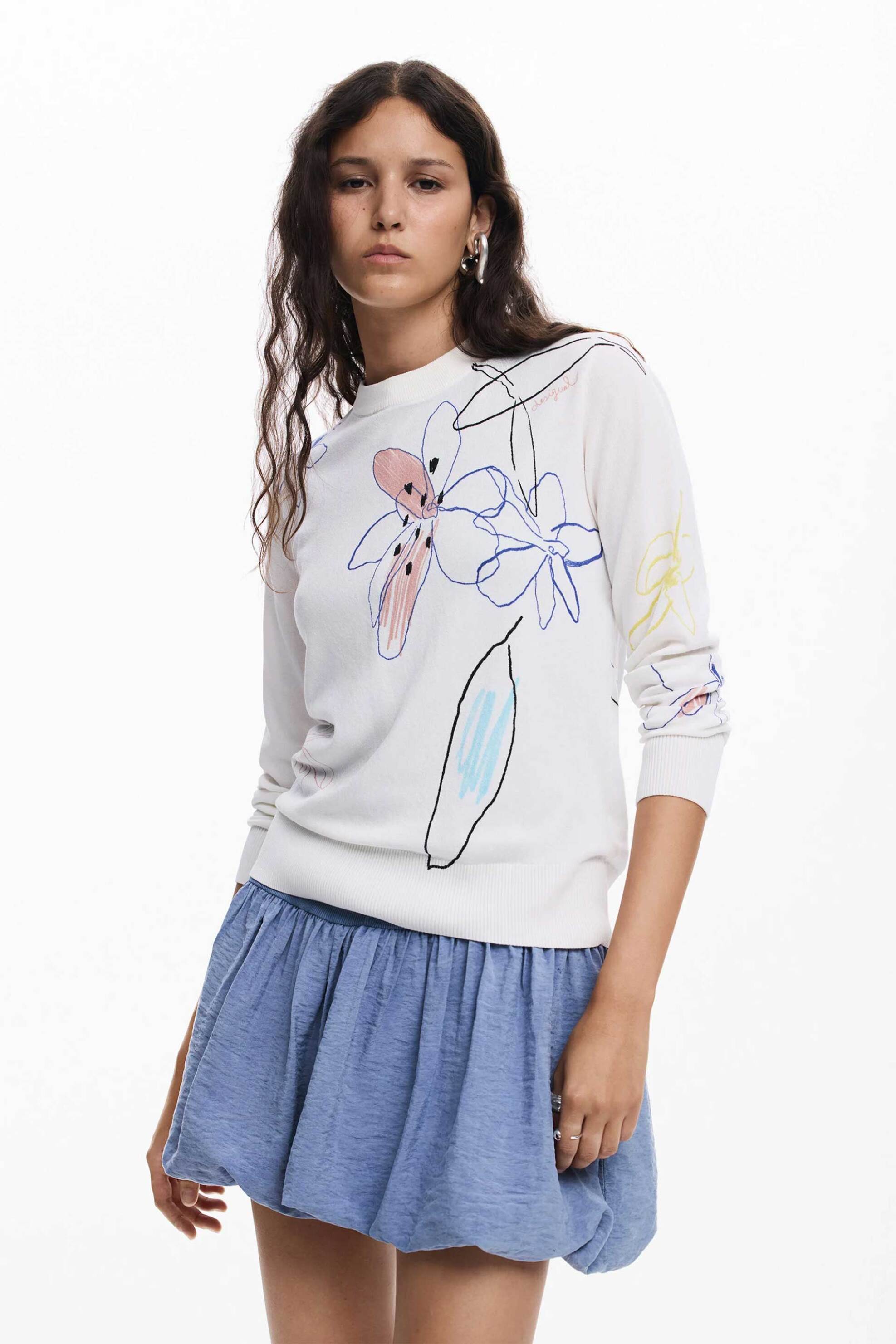 DESIGUAL Desigual γυναικείo λεπτό πουλόβερ με floral print Regular Fit "Arty" - 25WWJF33 Λευκό