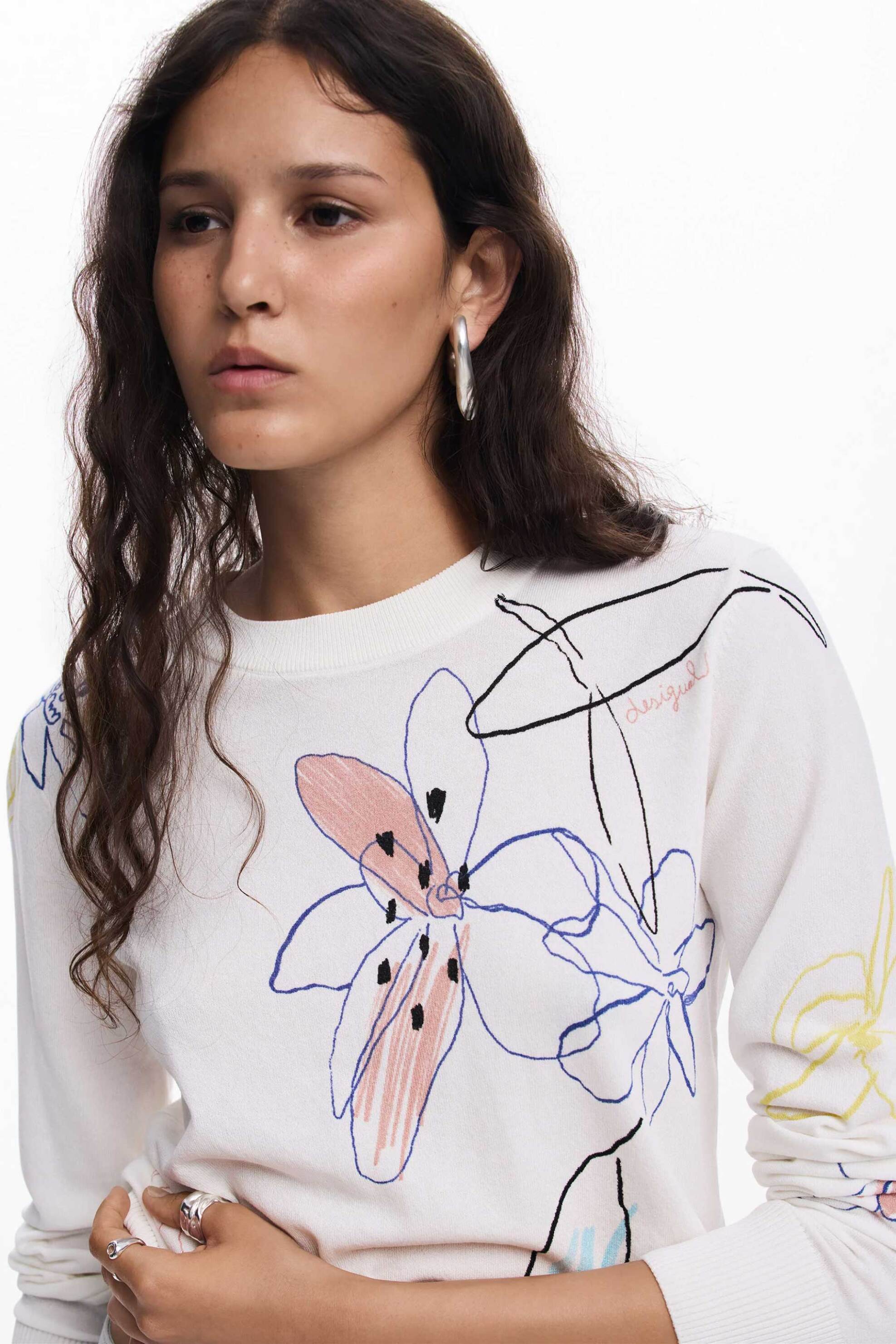 Desigual γυναικείo λεπτό πουλόβερ με floral print Regular Fit "Arty" - 25WWJF33 Λευκό φωτογραφία