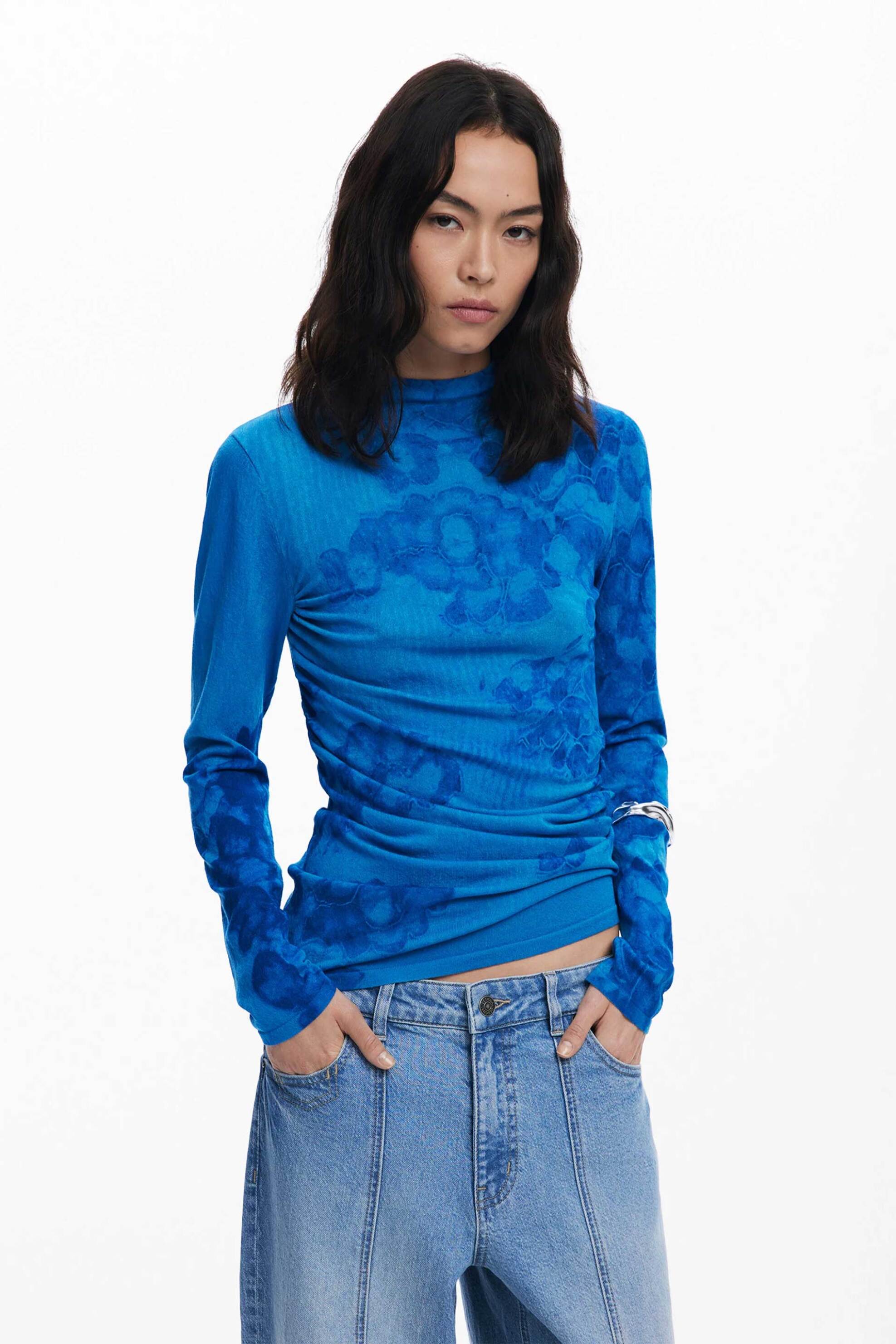 DESIGUAL Desigual γυναικείo λεπτό πουλόβερ με floral print Regular Fit "Ottawa" - 25WWJF38 Μπλε Σκούρο