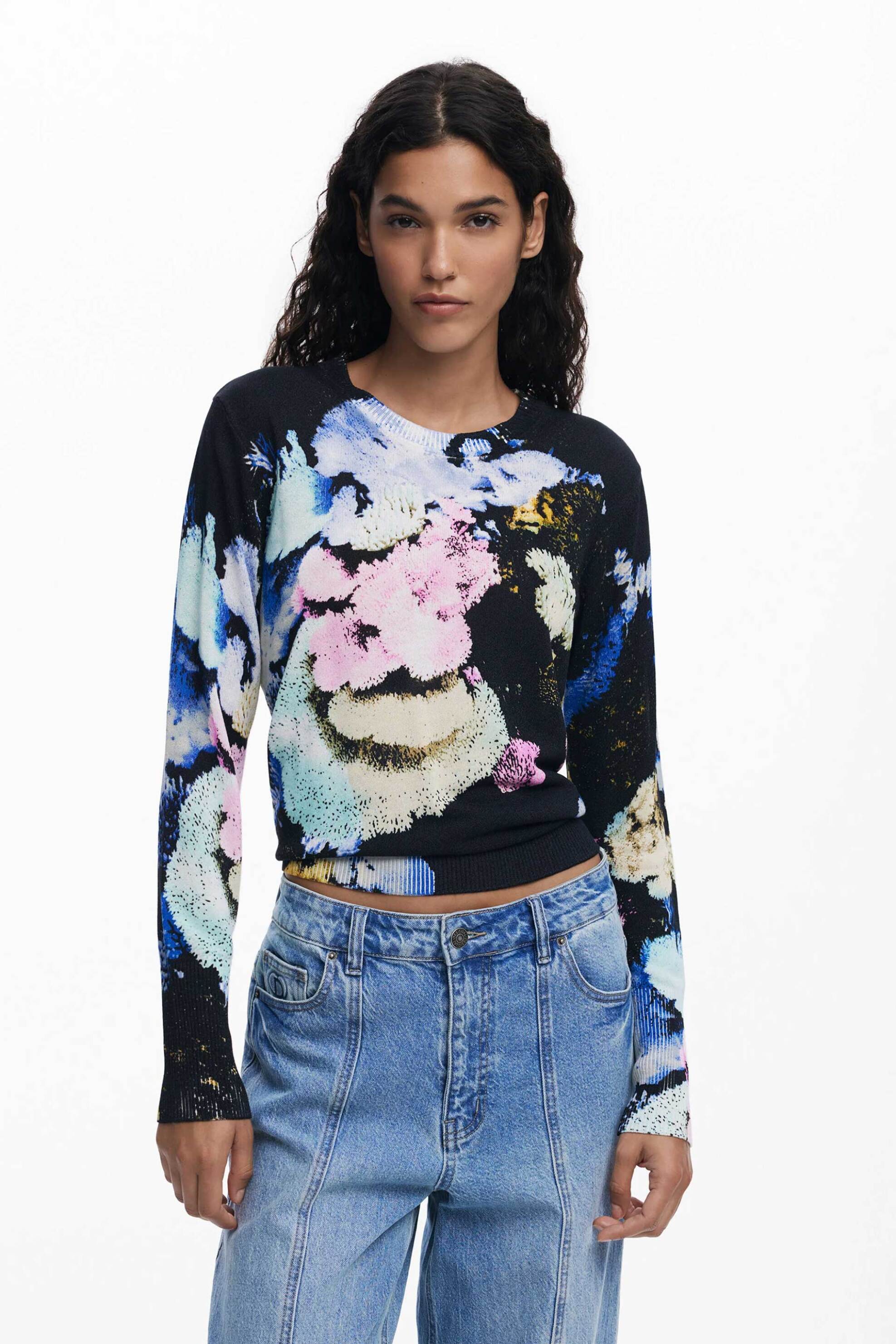 DESIGUAL Desigual γυναικείo λεπτό πουλόβερ με floral print Regular Fit "Nenufar Lacroix" - 25WWJF46 Πολύχρωμο