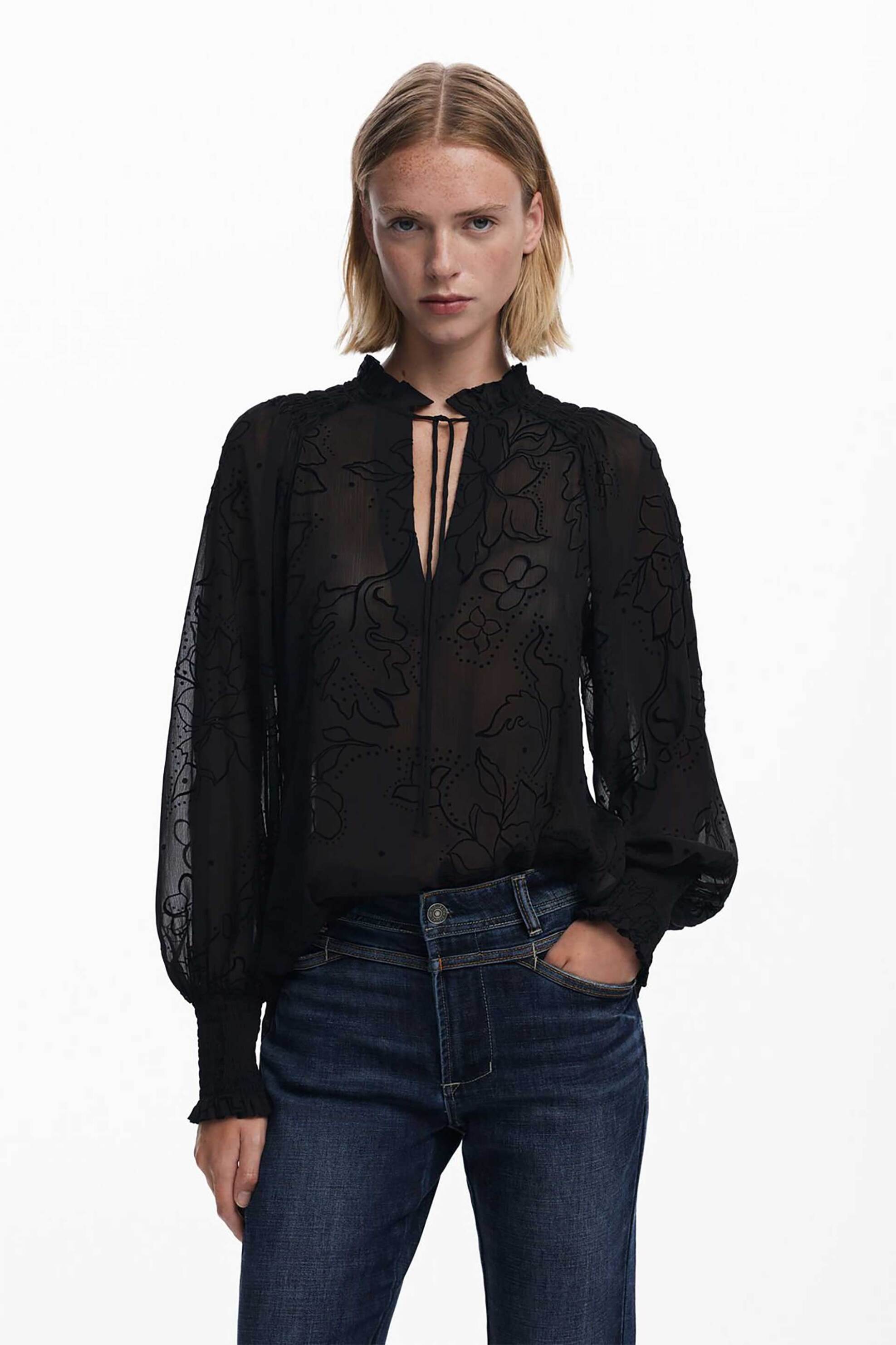 Desigual γυναικεία μπλούζα με διάτρητο σχέδιο και ανάγλυφο floral print - 25WWBW05 Μαύρο
