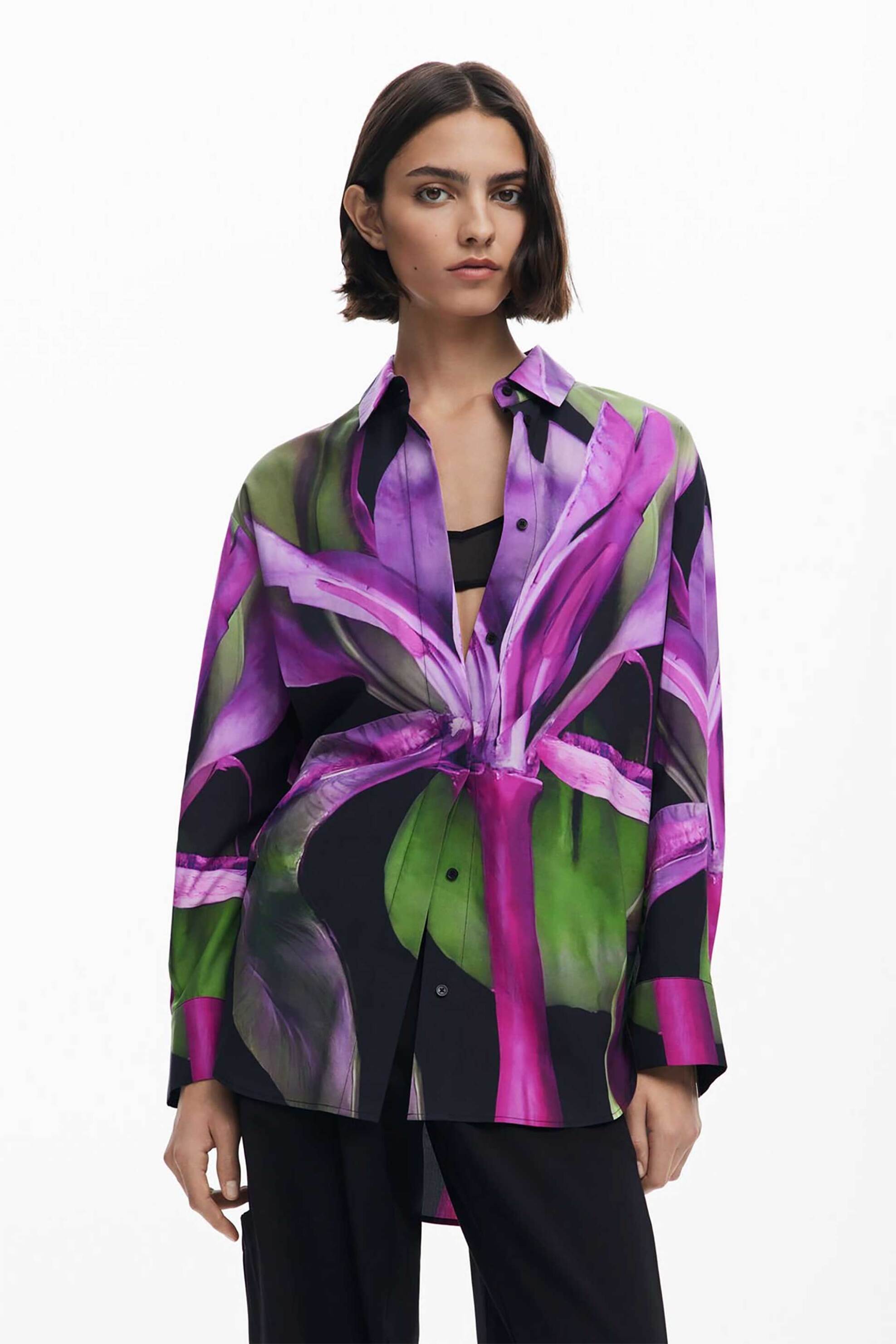 DESIGUAL Desigual γυναικείo πουκάμισο με floral print "Orquidea" by Christian Lacroix - 25WWCW20 Μαύρο