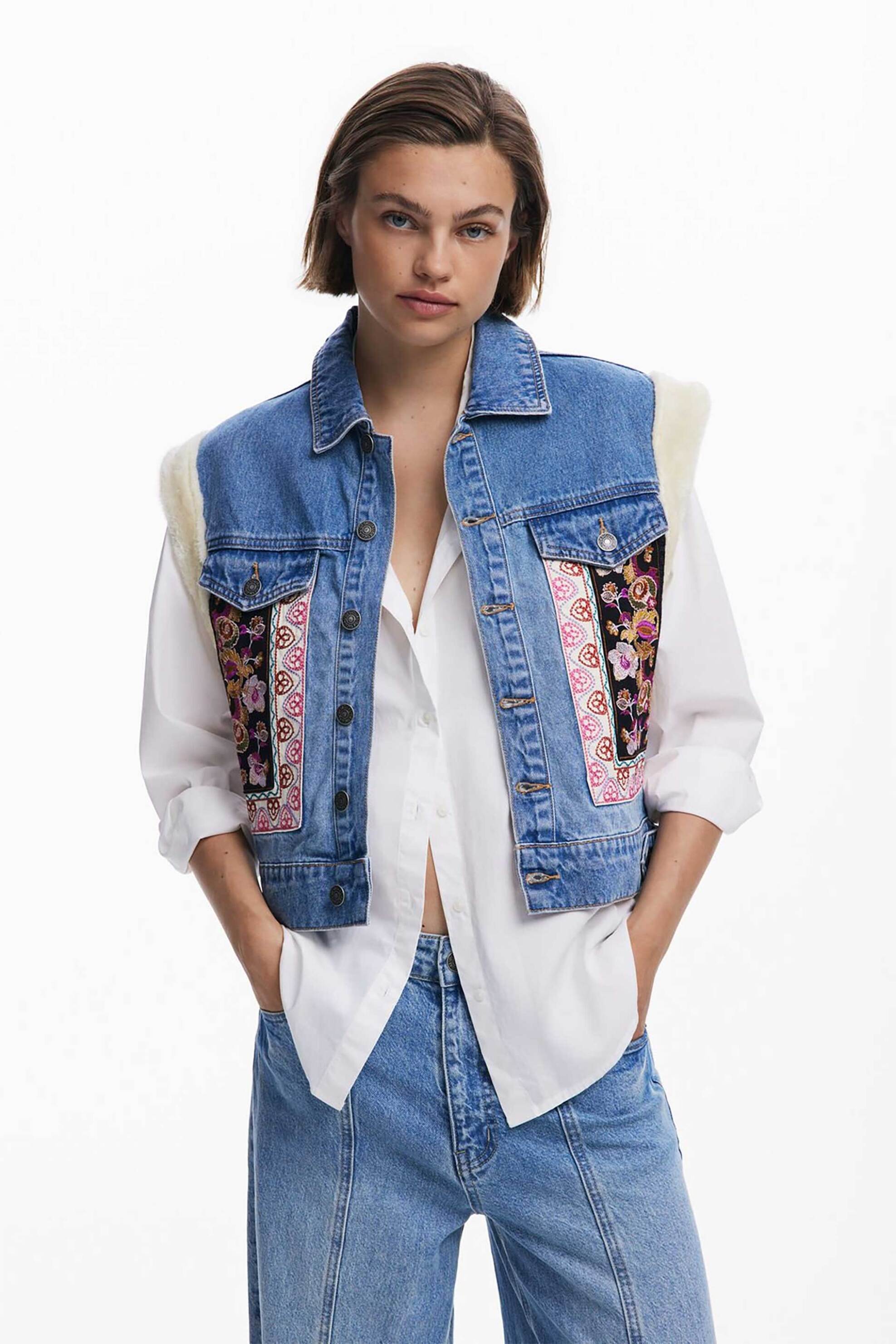 DESIGUAL Desigual γυναικείο denim γιλέκο με ethinc μοτίβο "Maui" - 25WWED01 Denim Blue