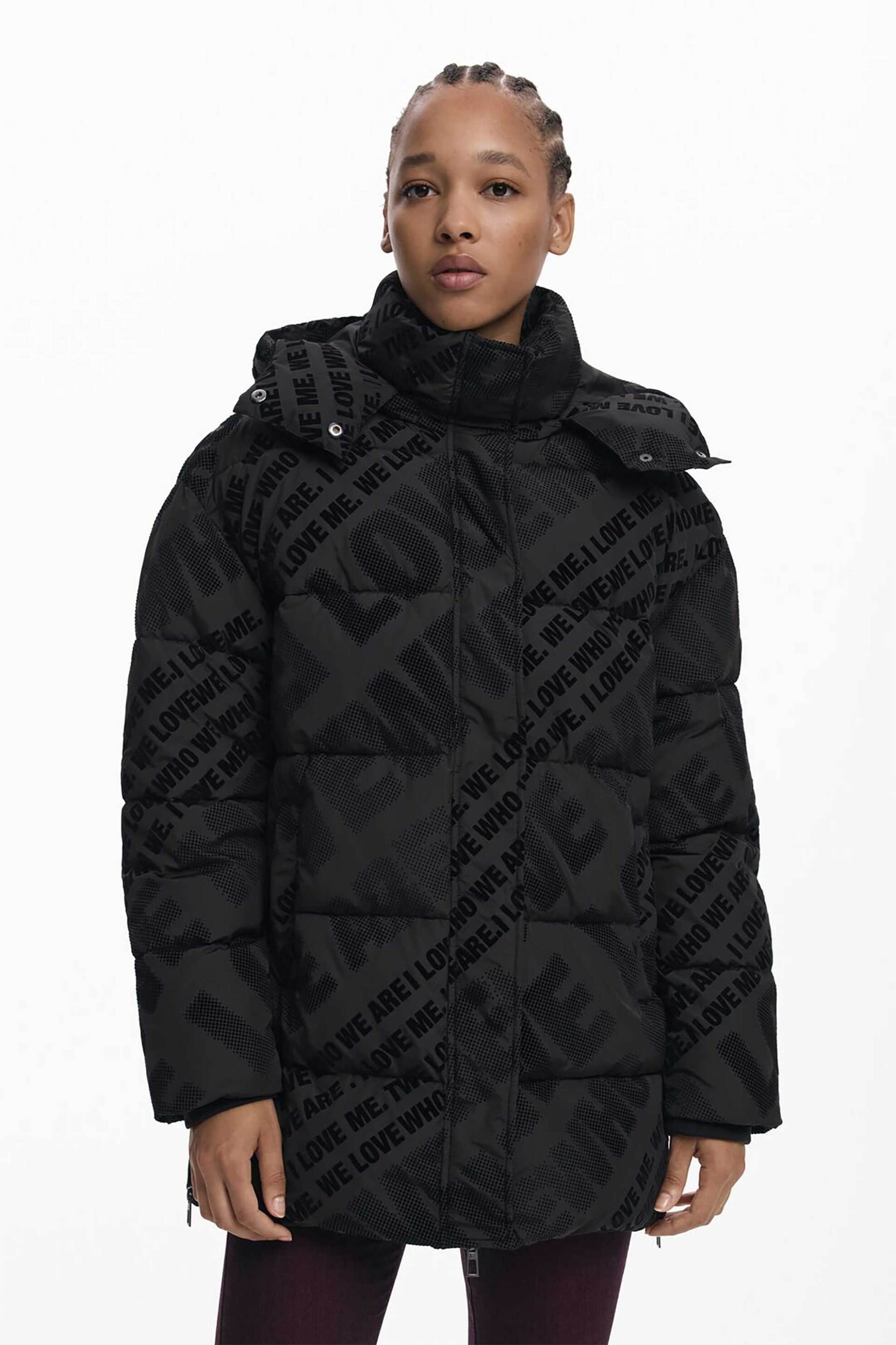 Desigual γυναικείο μπουφάν καπιτονέ με κουκούλα και all-over lettering "Folcado" - 25WWEW23 Μαύρο