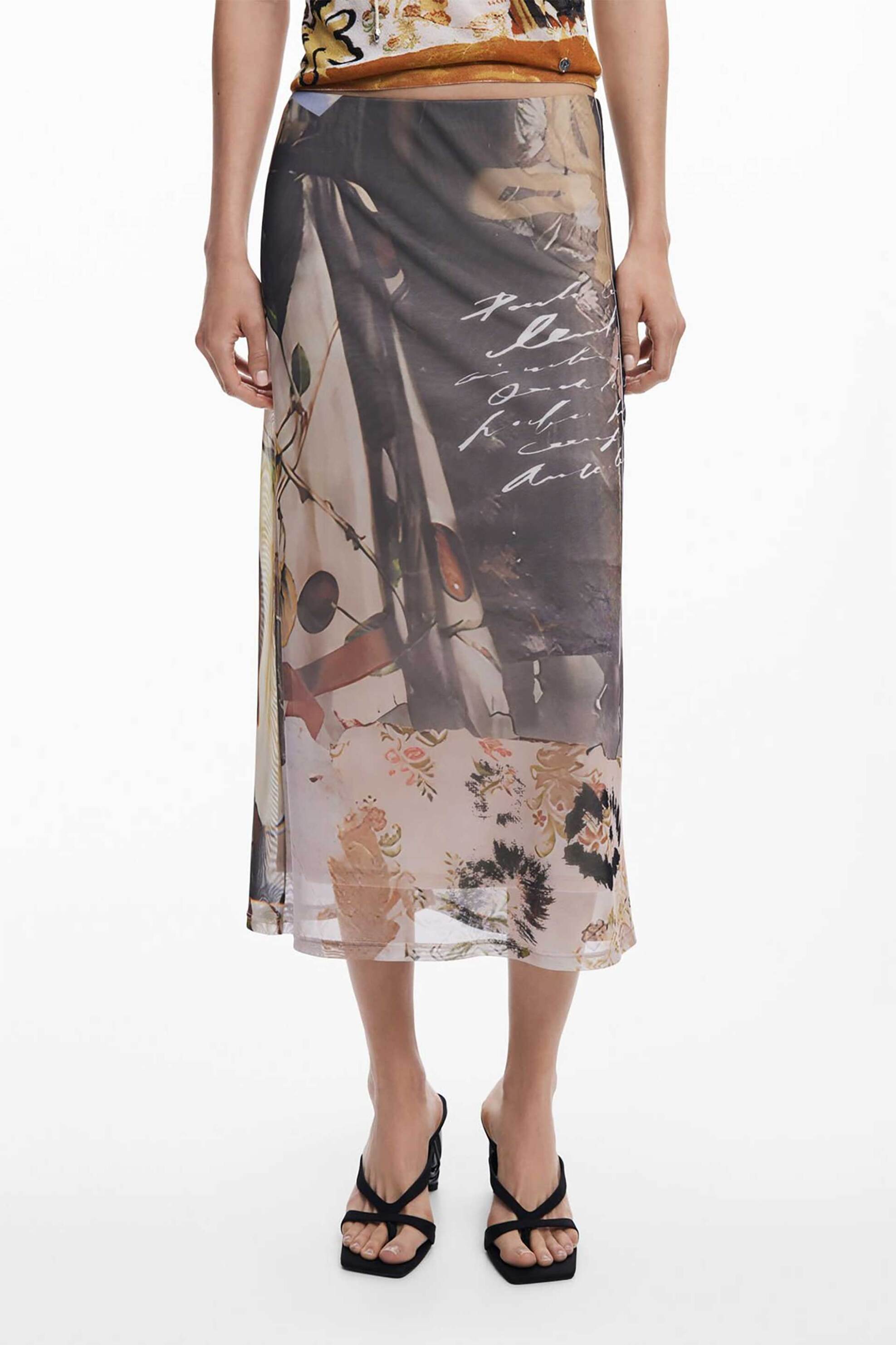 DESIGUAL Desigual γυναικεία midi φούστα με all-over print Straight Fit "Collage" - 25WWFK05 Ανθρακί - 3