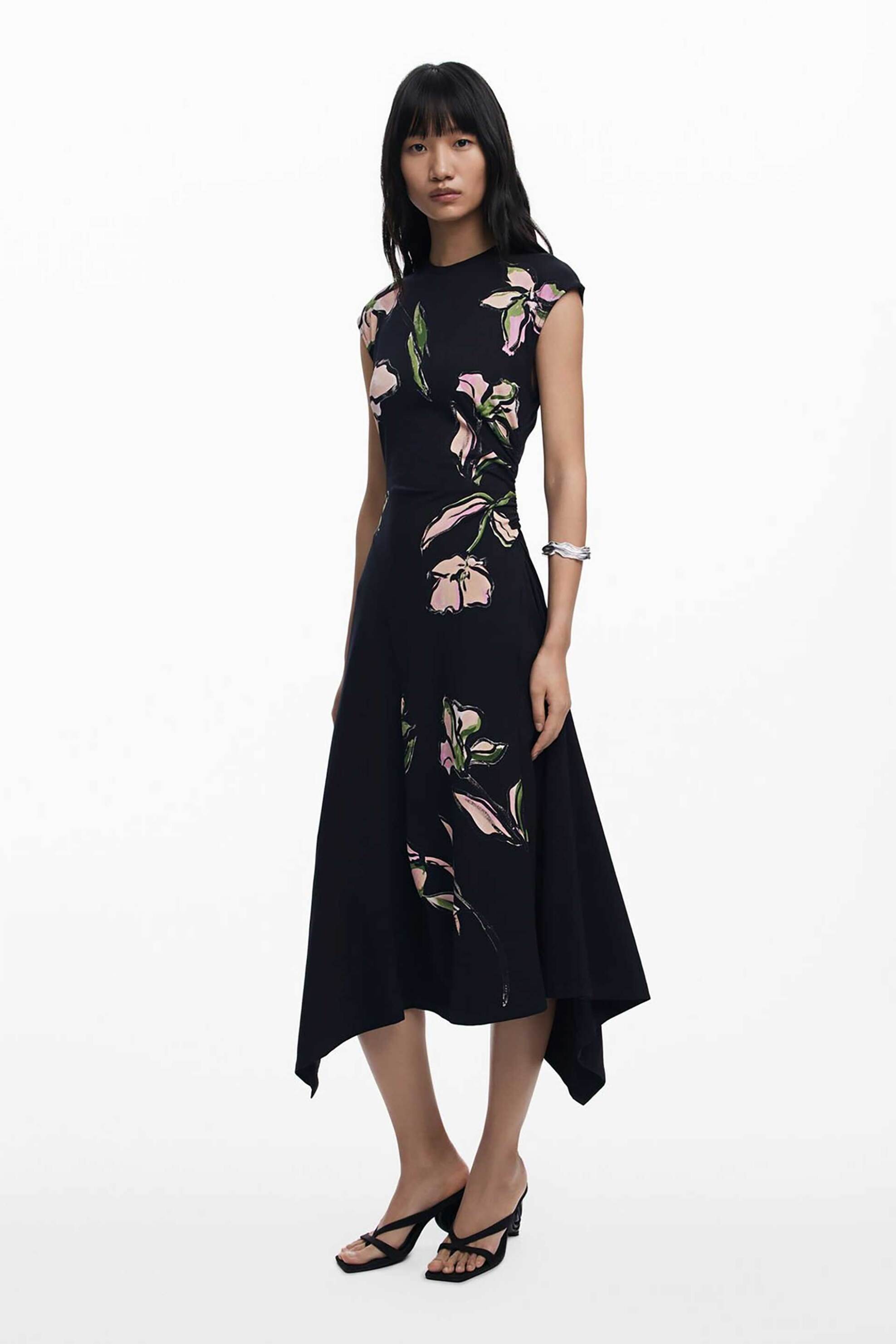 DESIGUAL Desigual γυναικείο midi φόρεμα με floral print και ασύμμετρο τελείωμα "Katrina" - 25WWVK12 Μαύρο