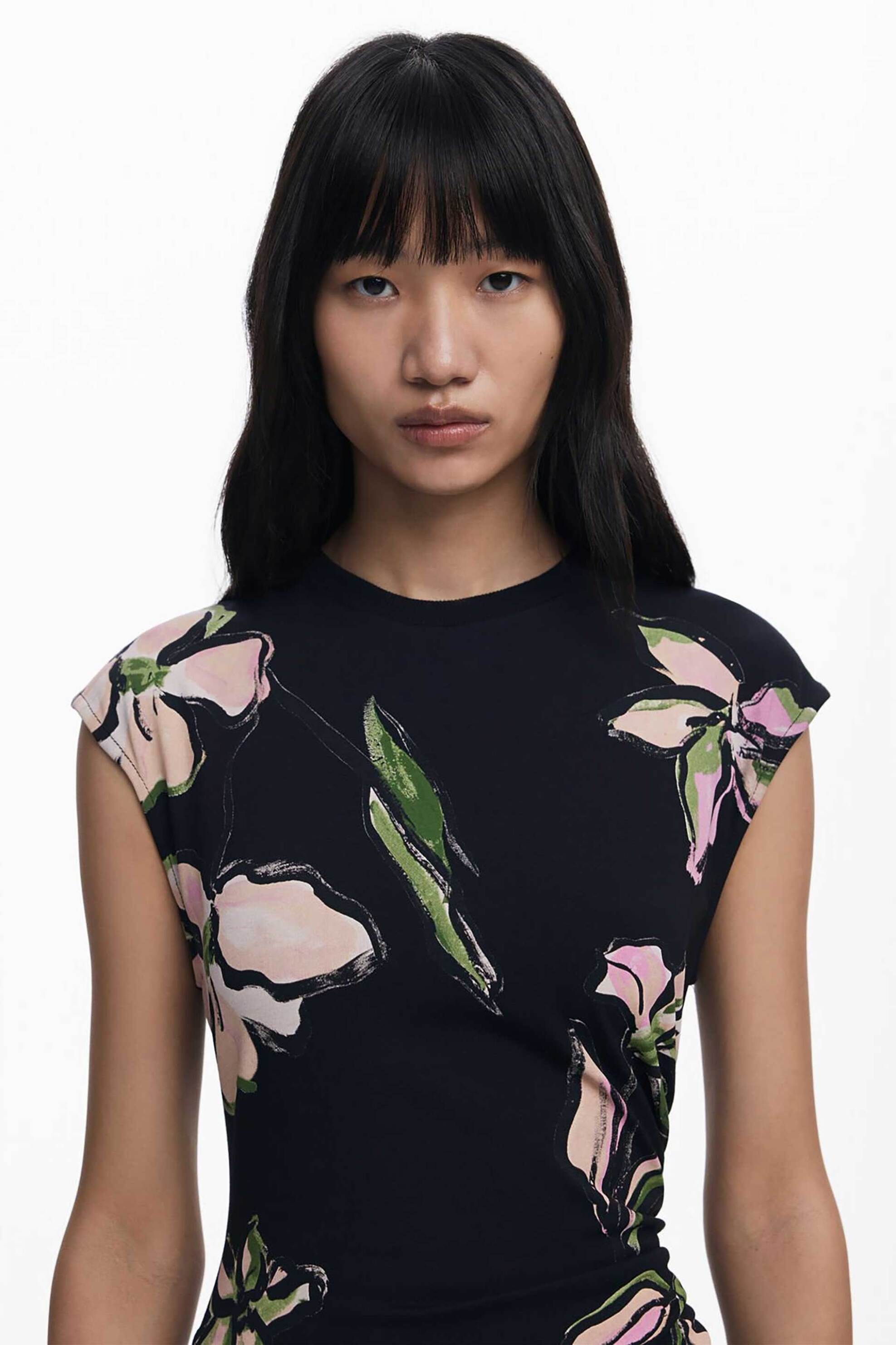 Desigual γυναικείο midi φόρεμα με floral print και ασύμμετρο τελείωμα "Katrina" - 25WWVK12 Μαύρο φωτογραφία