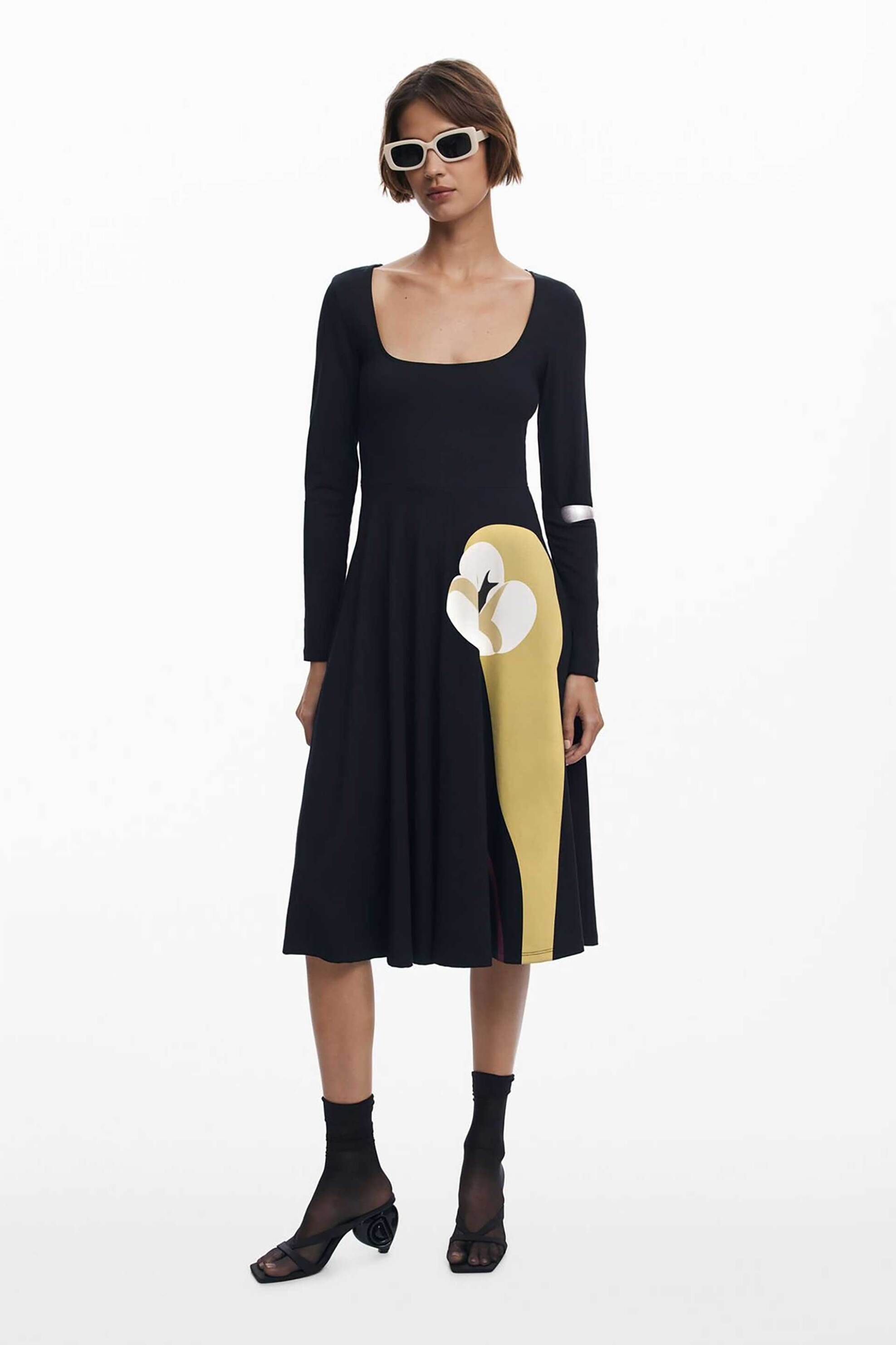 DESIGUAL Desigual γυναικείο midi φόρεμα με floral print σε Α γραμμή "Lirio" - 25WWVK29 Μαύρο